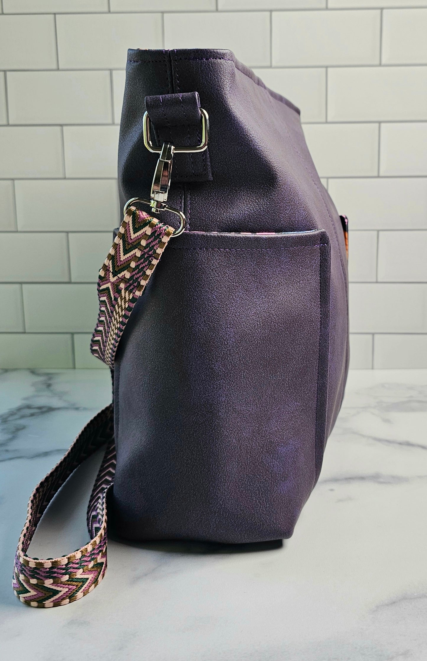 Large Compass Crossbody - Purple Faux Leather