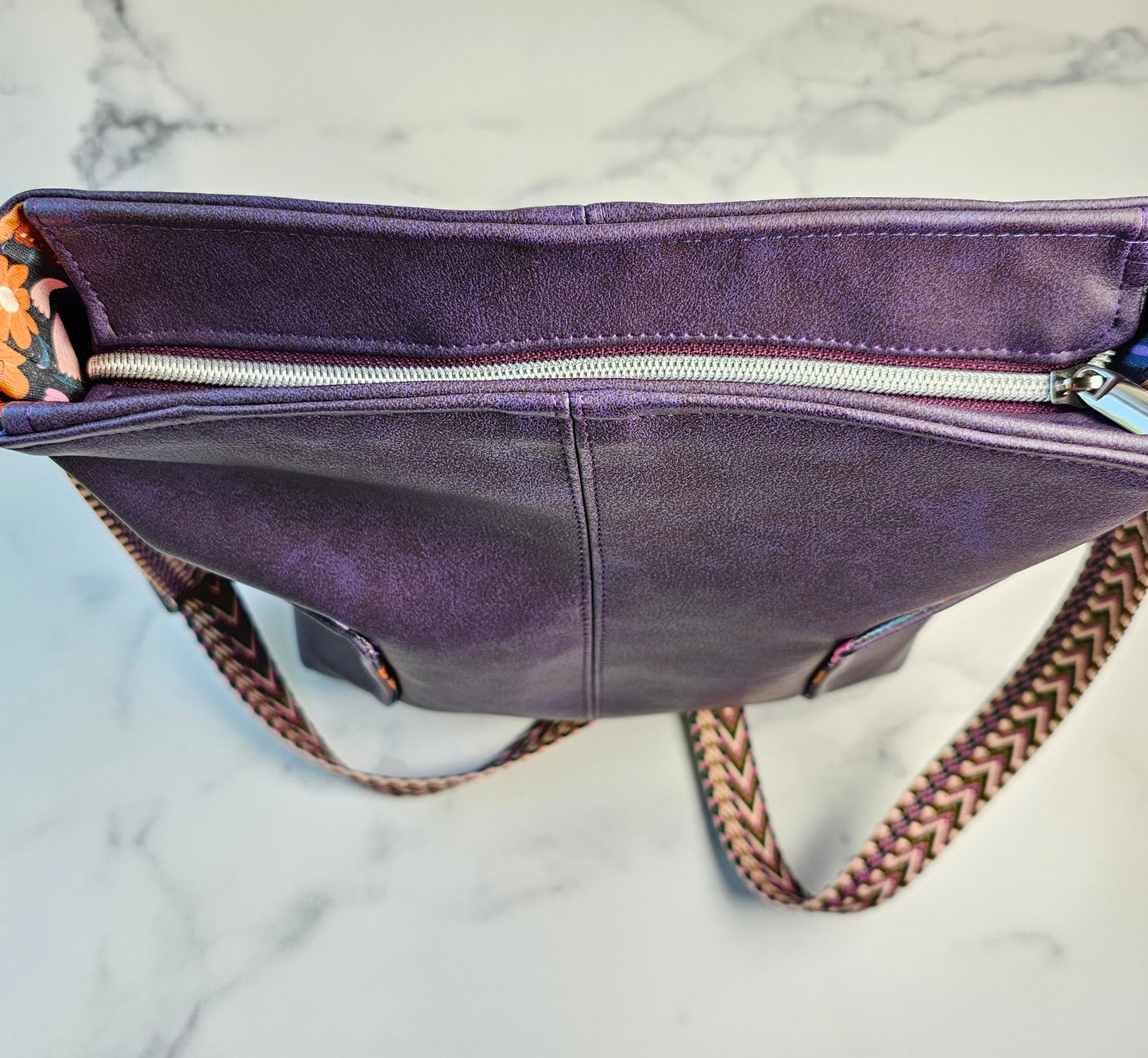 Large Compass Crossbody - Purple Faux Leather