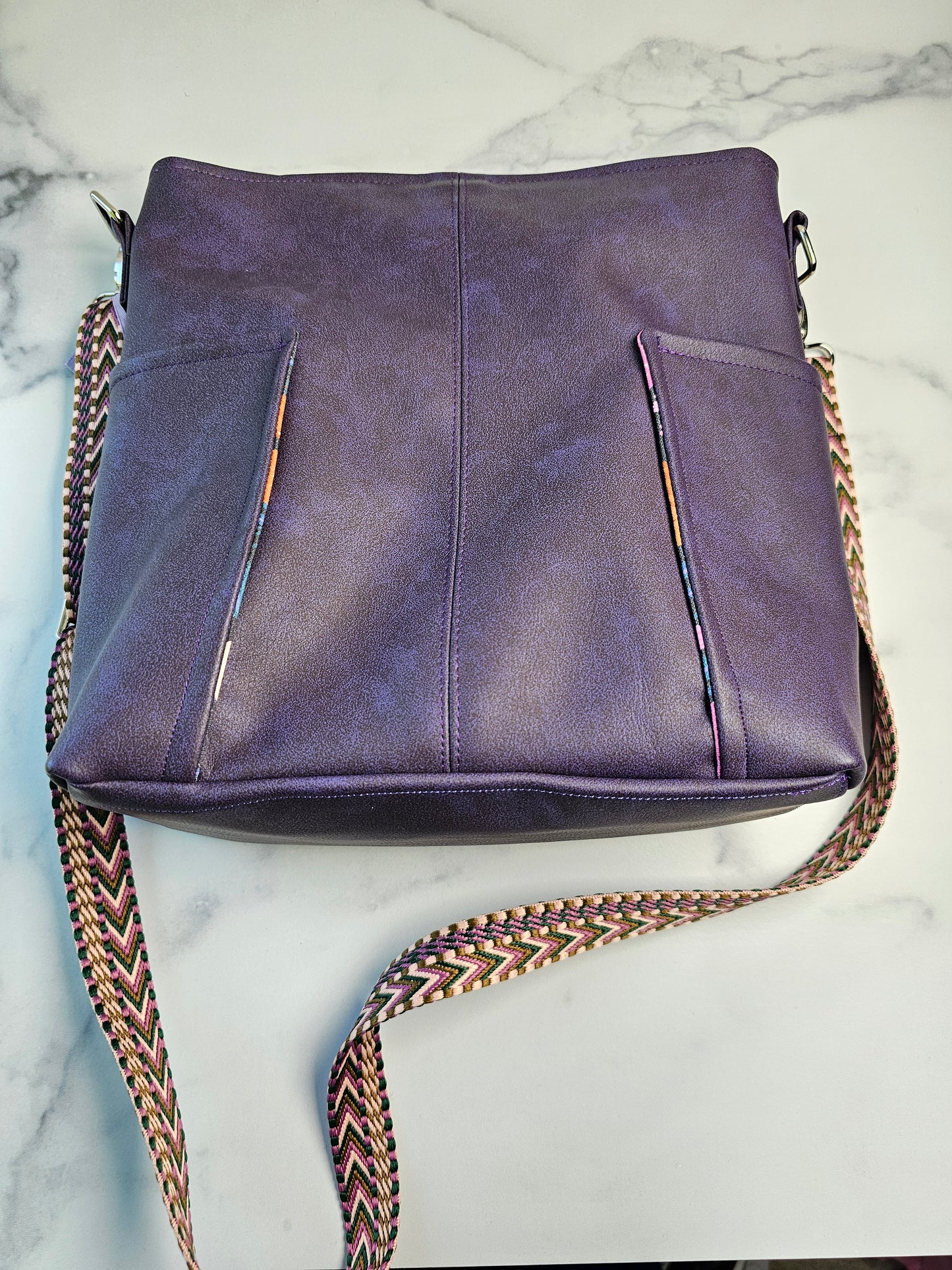 Large Compass Crossbody - Purple Faux Leather