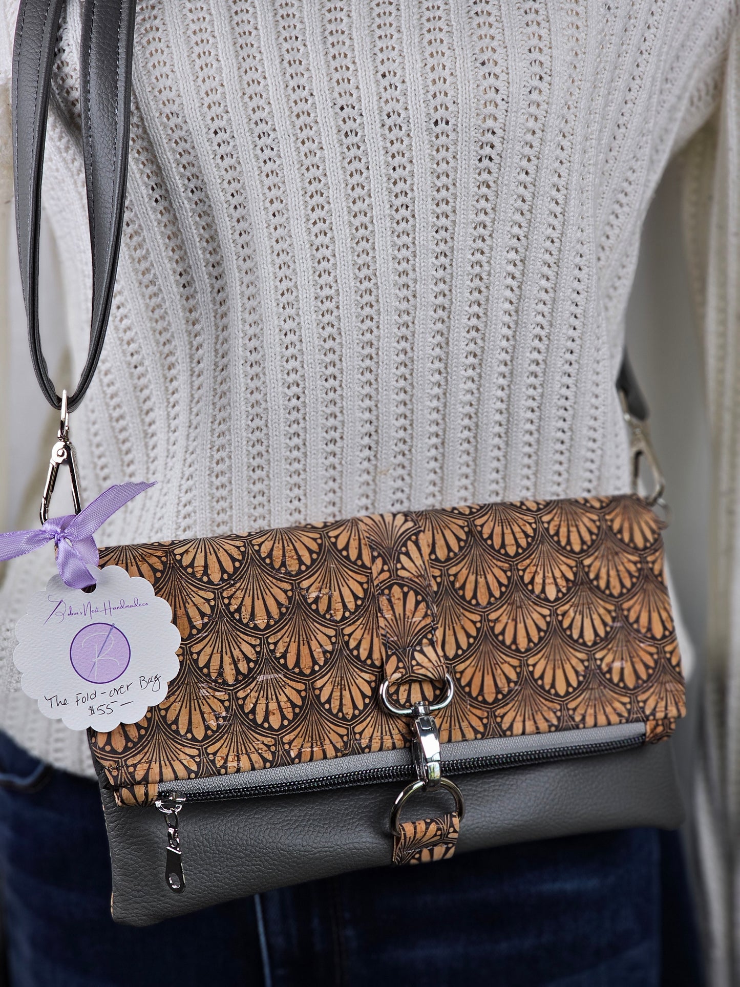 Gray Faux Leather & Art Deco Cork Fold-Over Bag – Stylish Day-to-Night Crossbody for Women on the Go