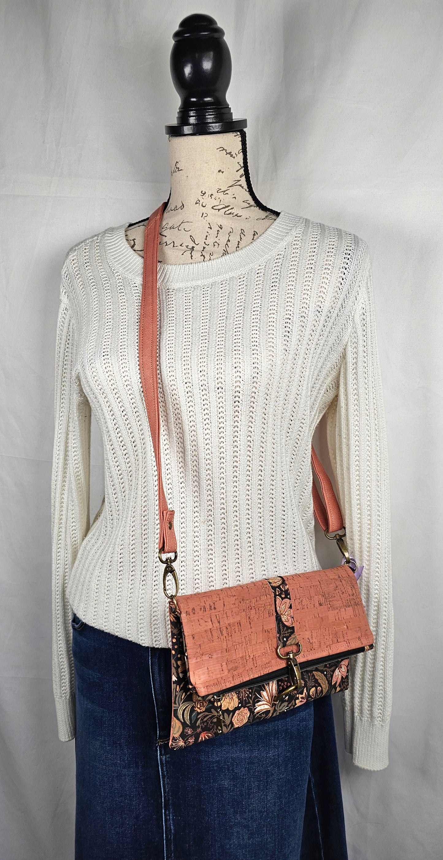 Pink and Black Cork Fold-Over Bag with Adjustable Cork Strap