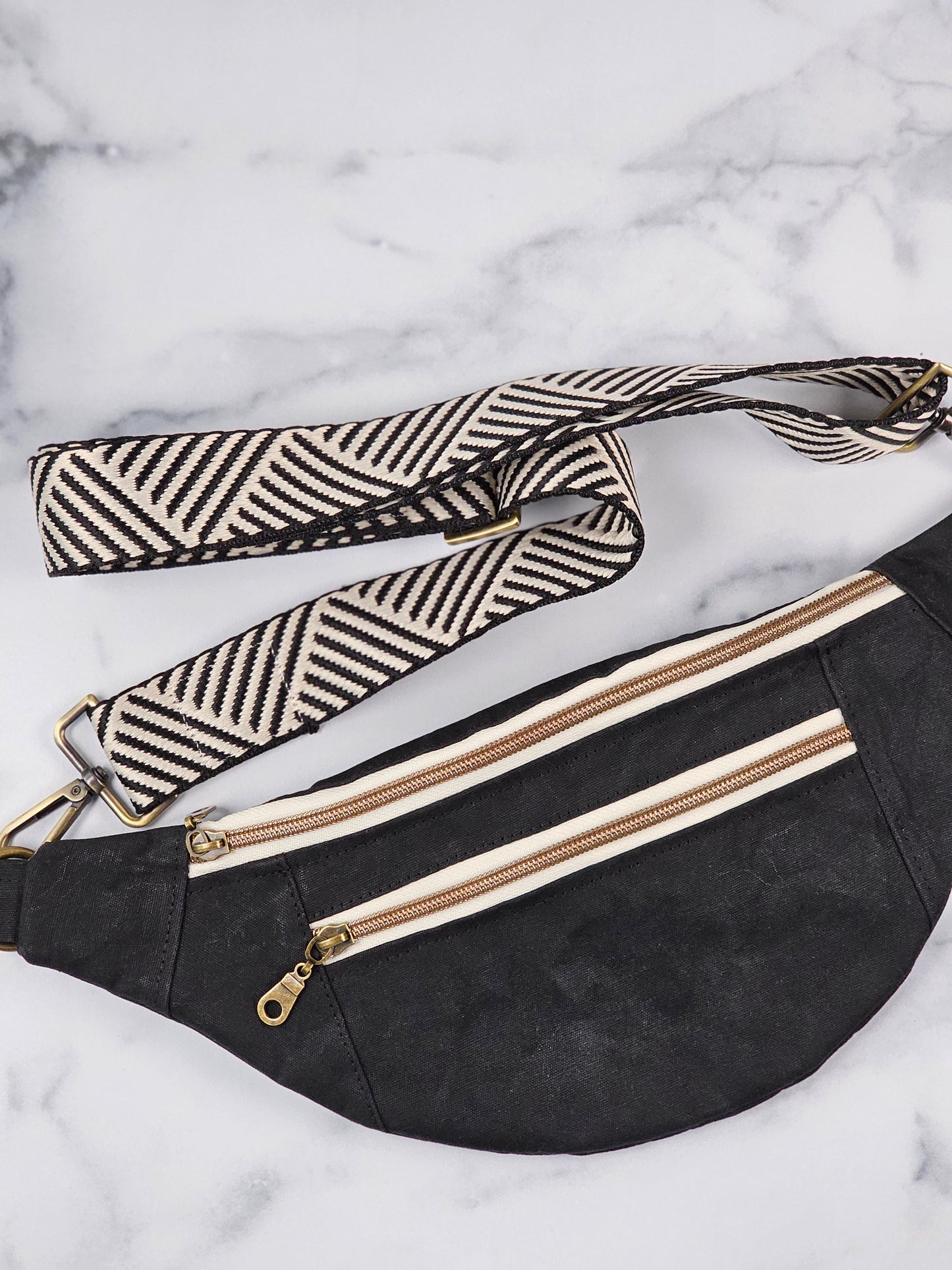 Black Waxed Canvas Bum Bag with Chevron Strap; Handmade Crossbody Fanny Pack