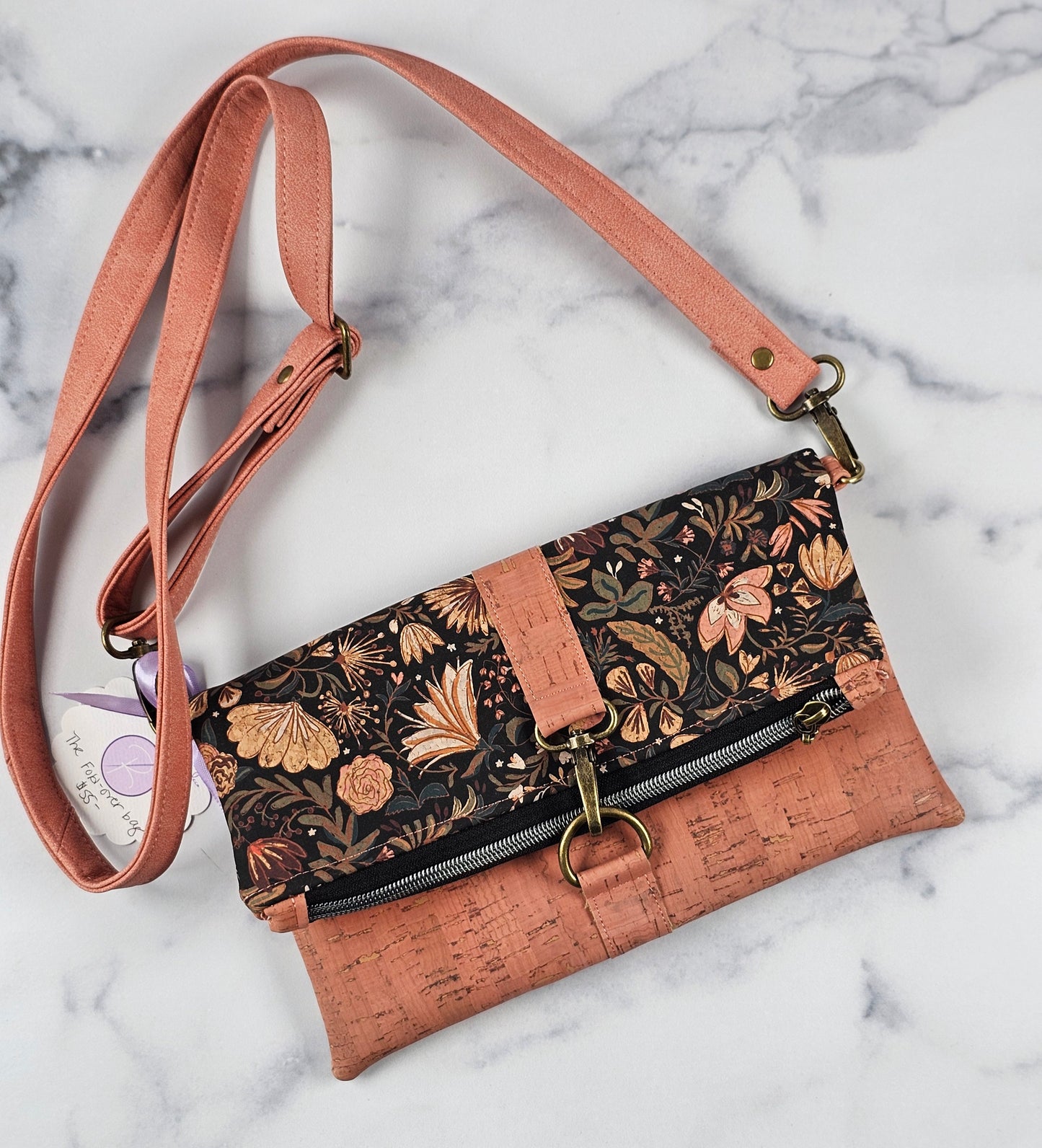Pink and Black Floral Cork Fold-Over Crossbody Bag