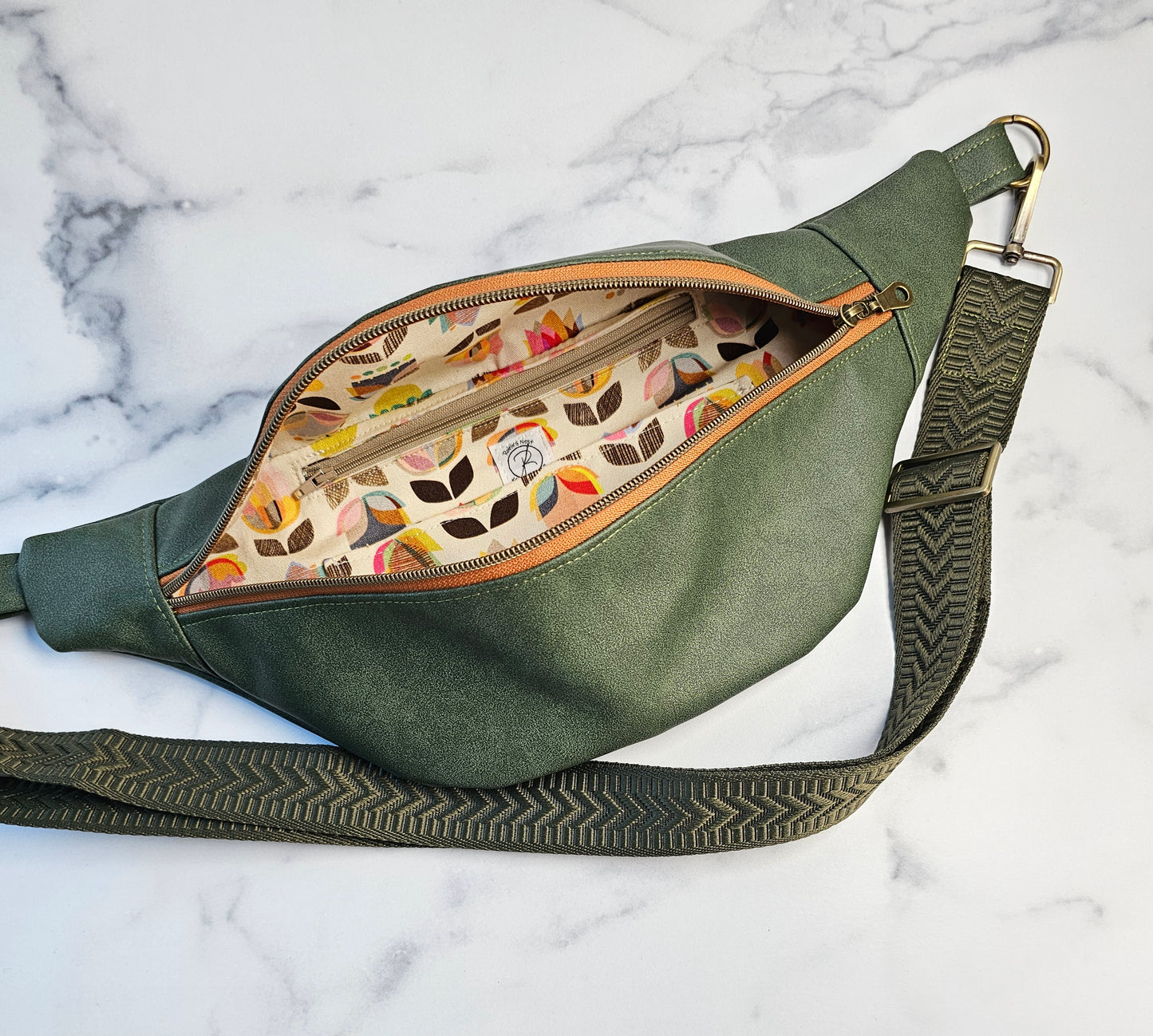 Green Faux Leather Bum Bag with Floral Lining