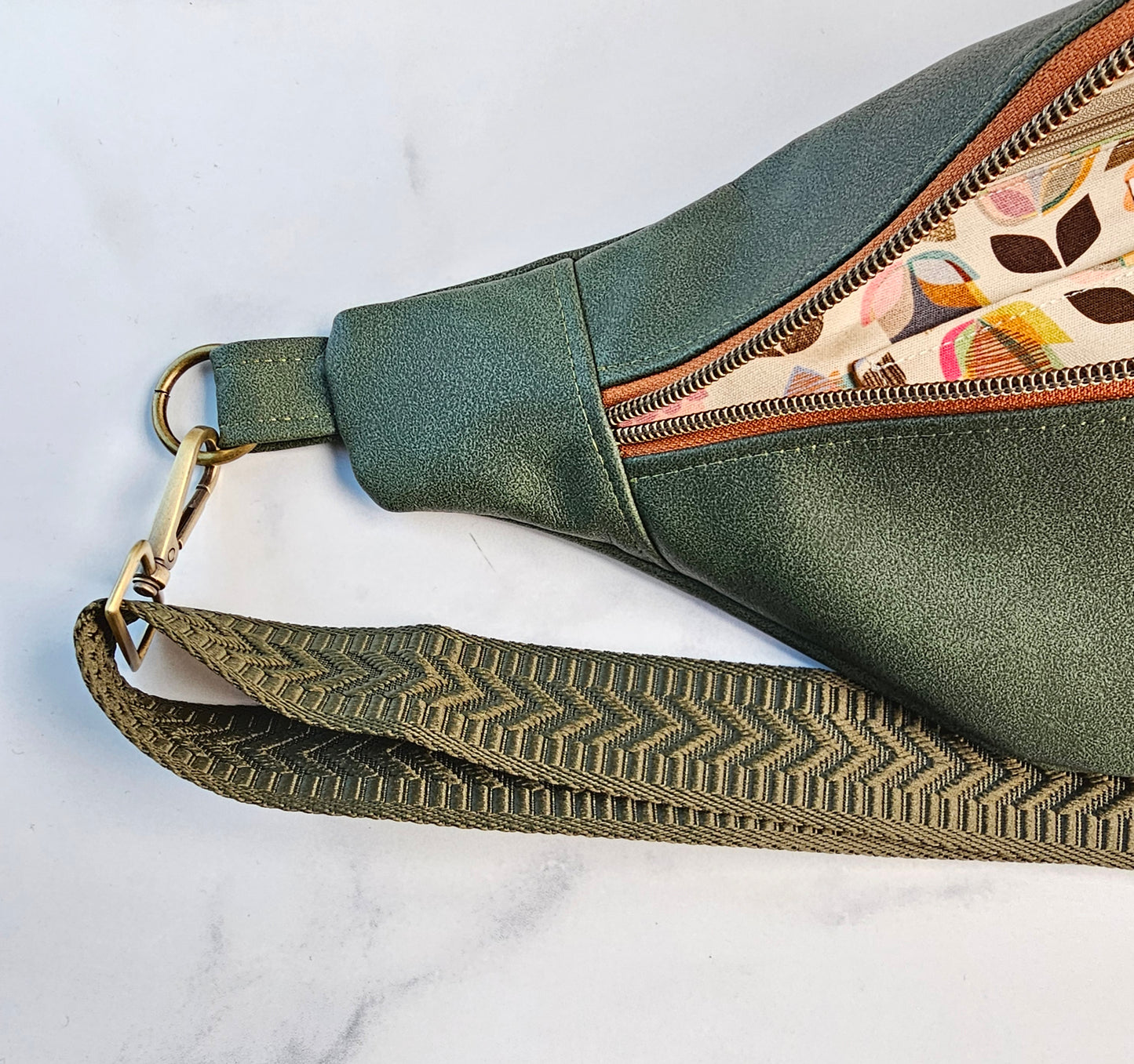 Green Faux Leather Bum Bag with Floral Lining