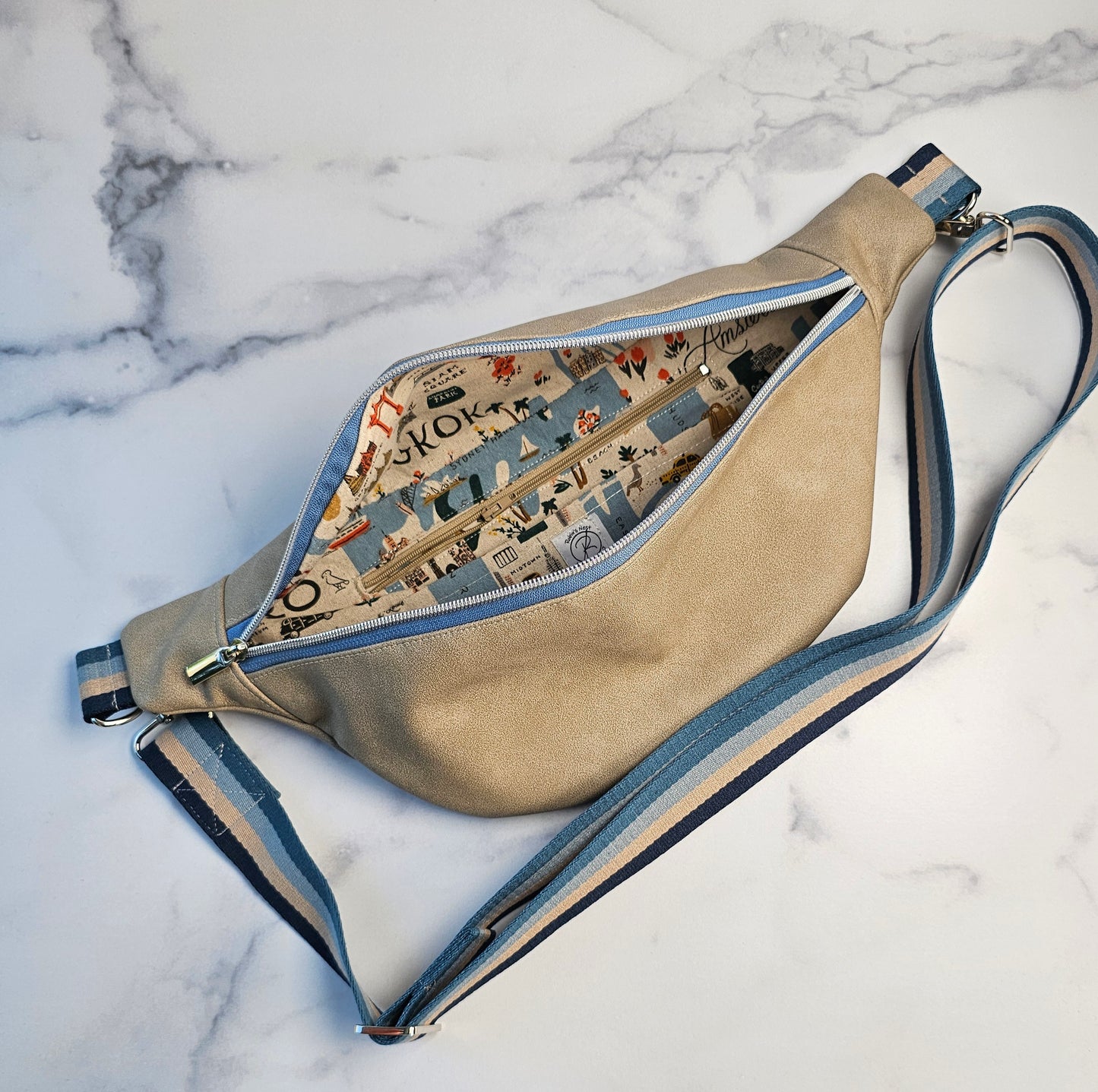 Large Greige Faux Leather Bum Bag - Wanderlust Edition