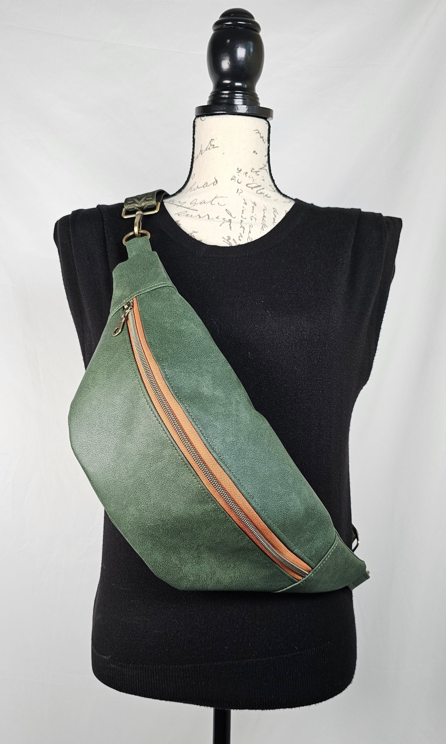 Green Faux Leather Bum Bag with Floral Lining