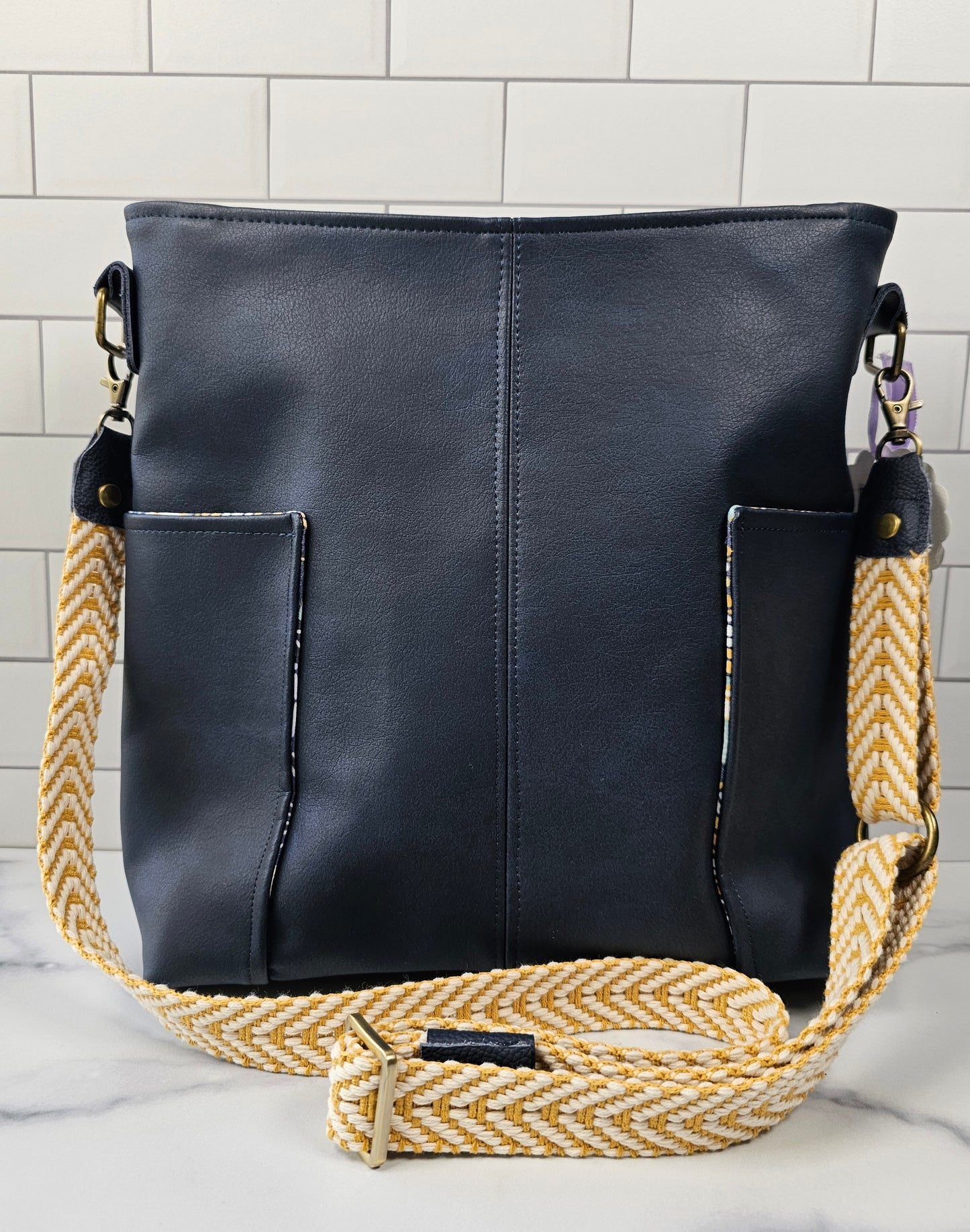 Large Compass Crossbody - Navy Faux Leather
