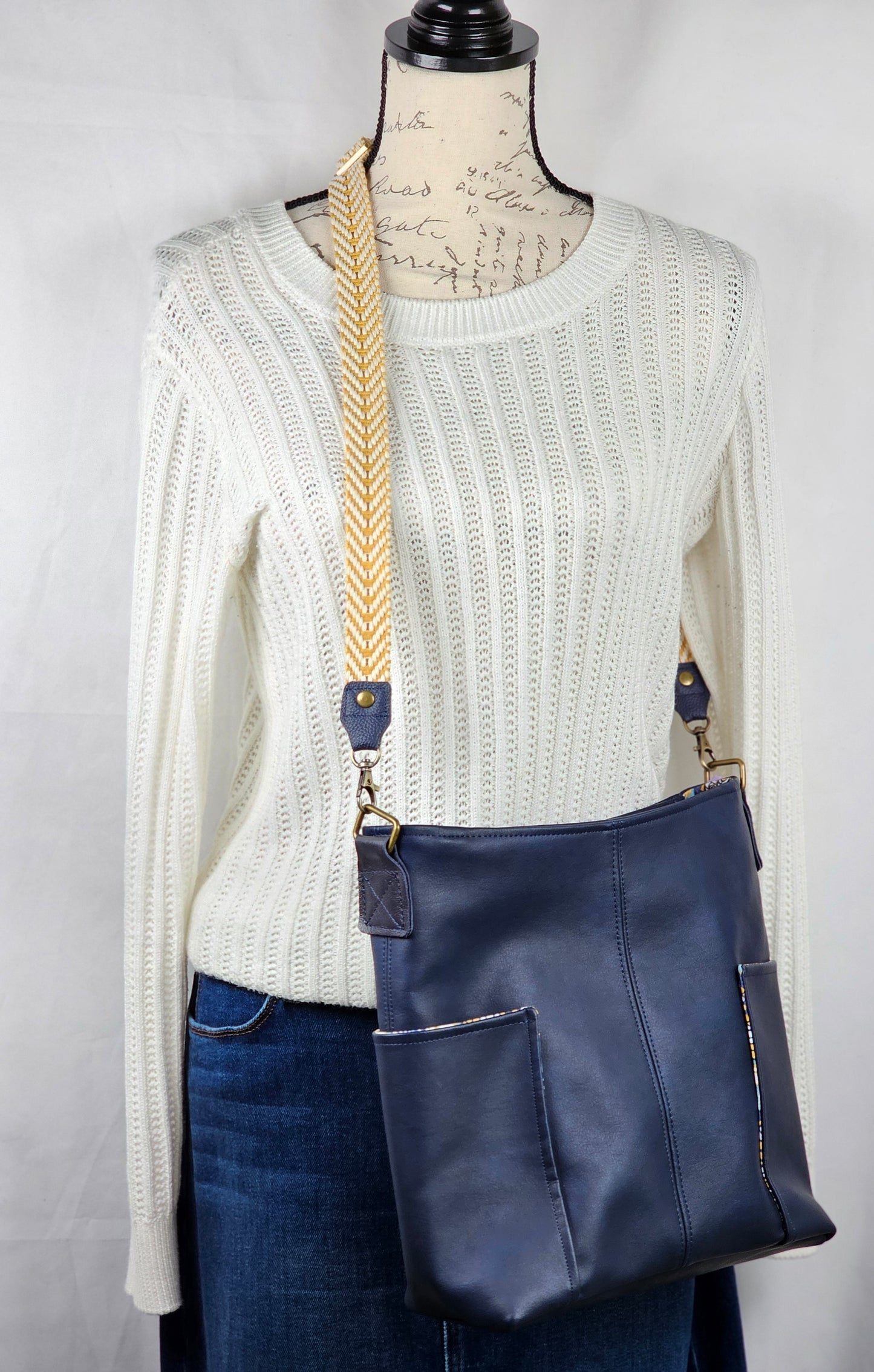 Large Compass Crossbody - Navy Faux Leather