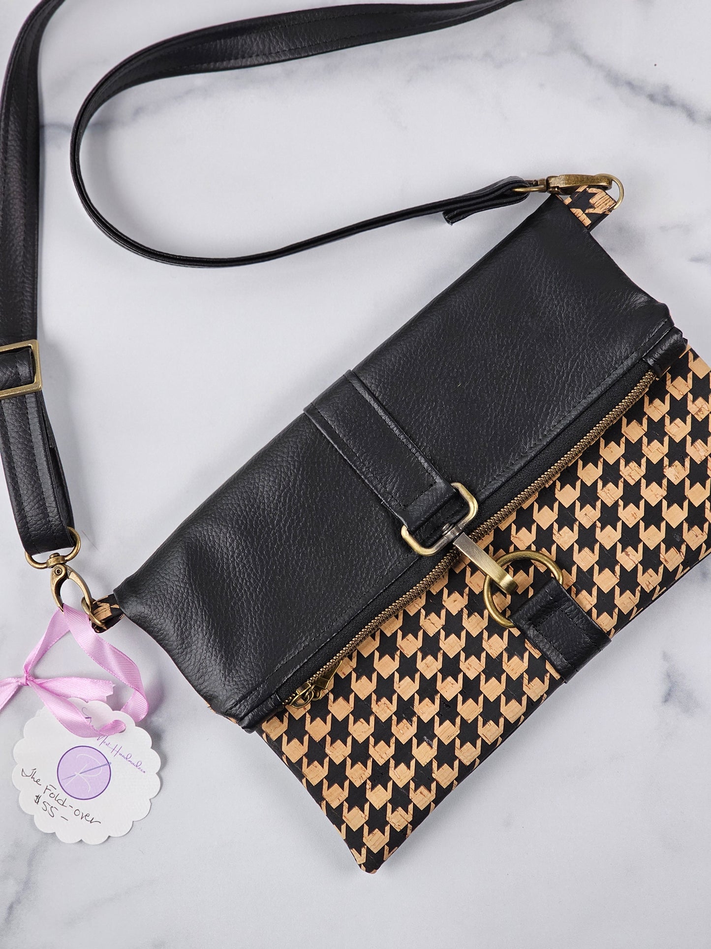 Black Faux Leather & Houndstooth Cork Fold-Over Crossbody Bag with Antique Brass Hardware