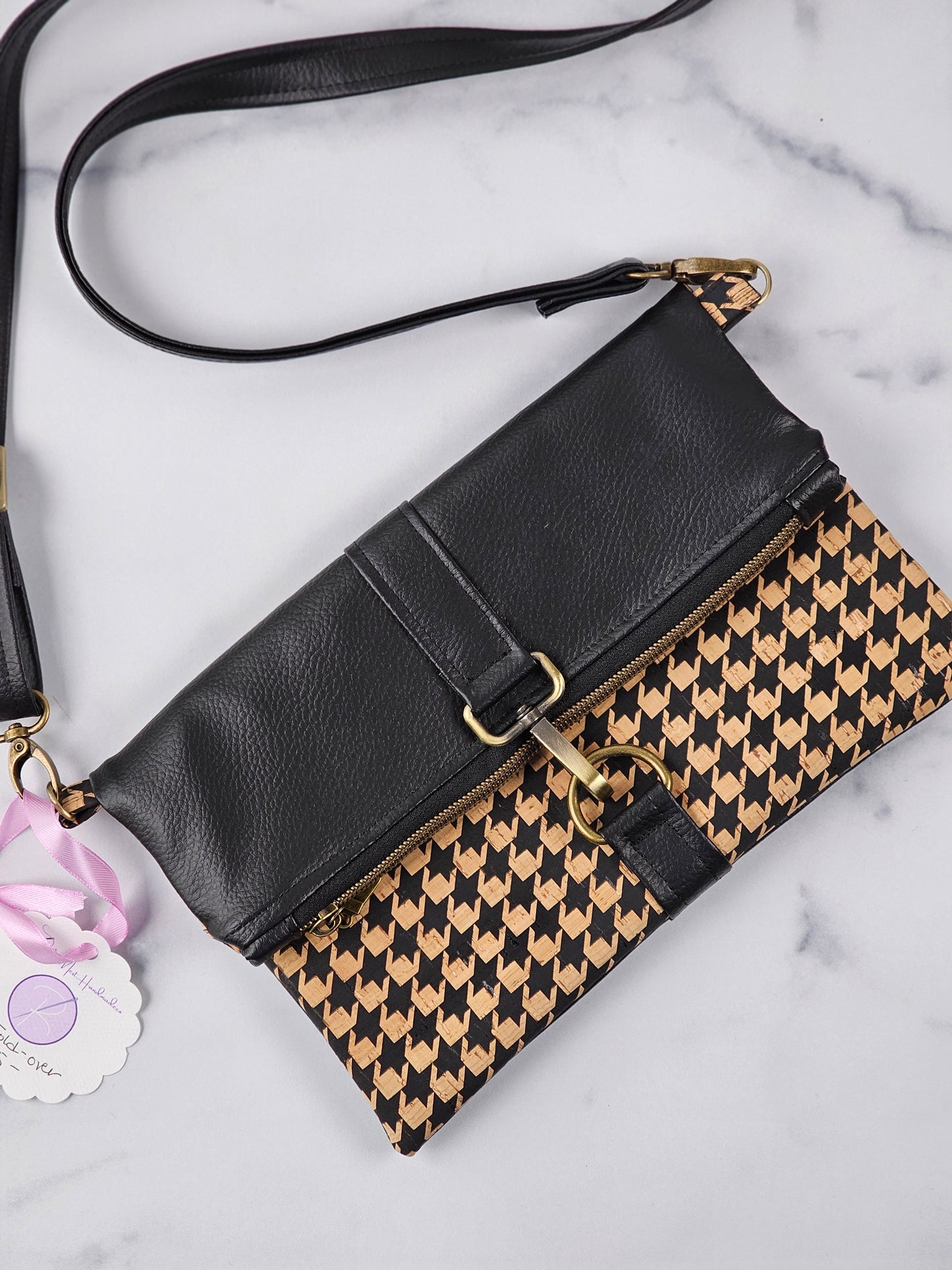 Black Faux Leather & Houndstooth Cork Fold-Over Crossbody Bag with Antique Brass Hardware