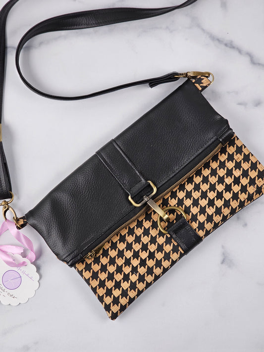 Black Faux Leather & Houndstooth Cork Fold-Over Crossbody Bag with Antique Brass Hardware