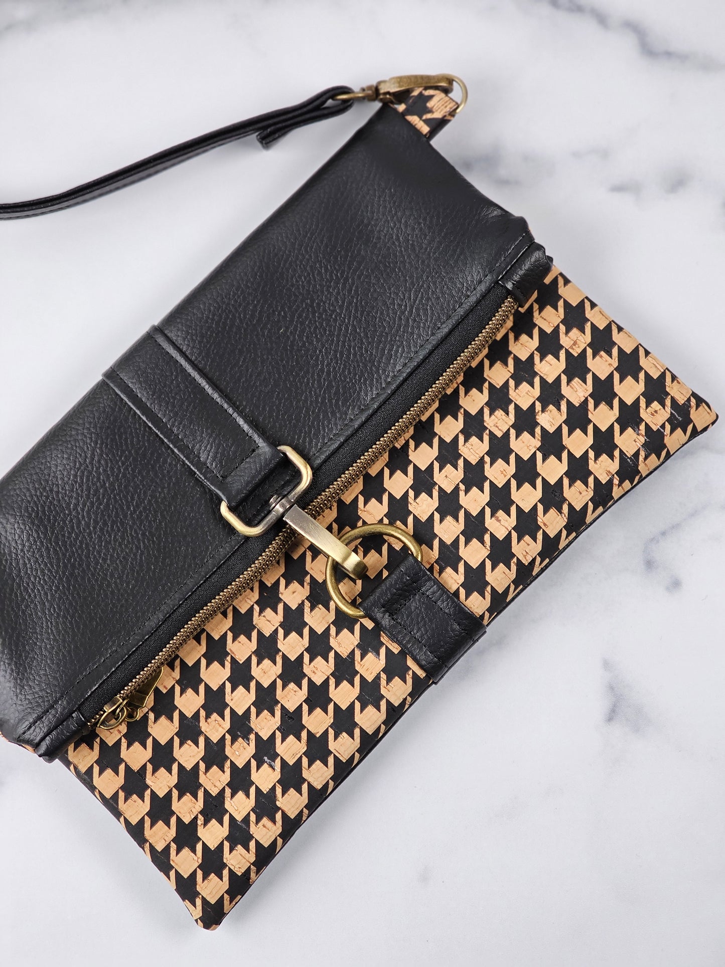 Black Faux Leather & Houndstooth Cork Fold-Over Crossbody Bag with Antique Brass Hardware