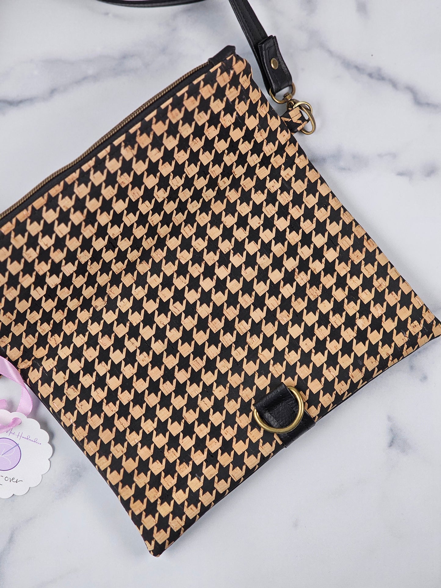 Black Faux Leather & Houndstooth Cork Fold-Over Crossbody Bag with Antique Brass Hardware