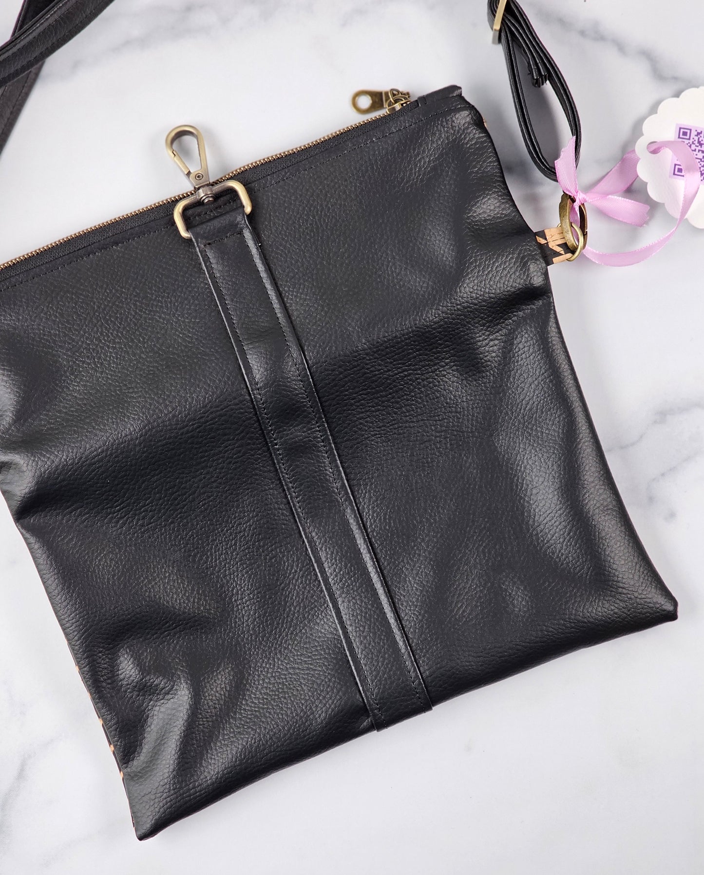 Black Faux Leather & Houndstooth Cork Fold-Over Crossbody Bag with Antique Brass Hardware