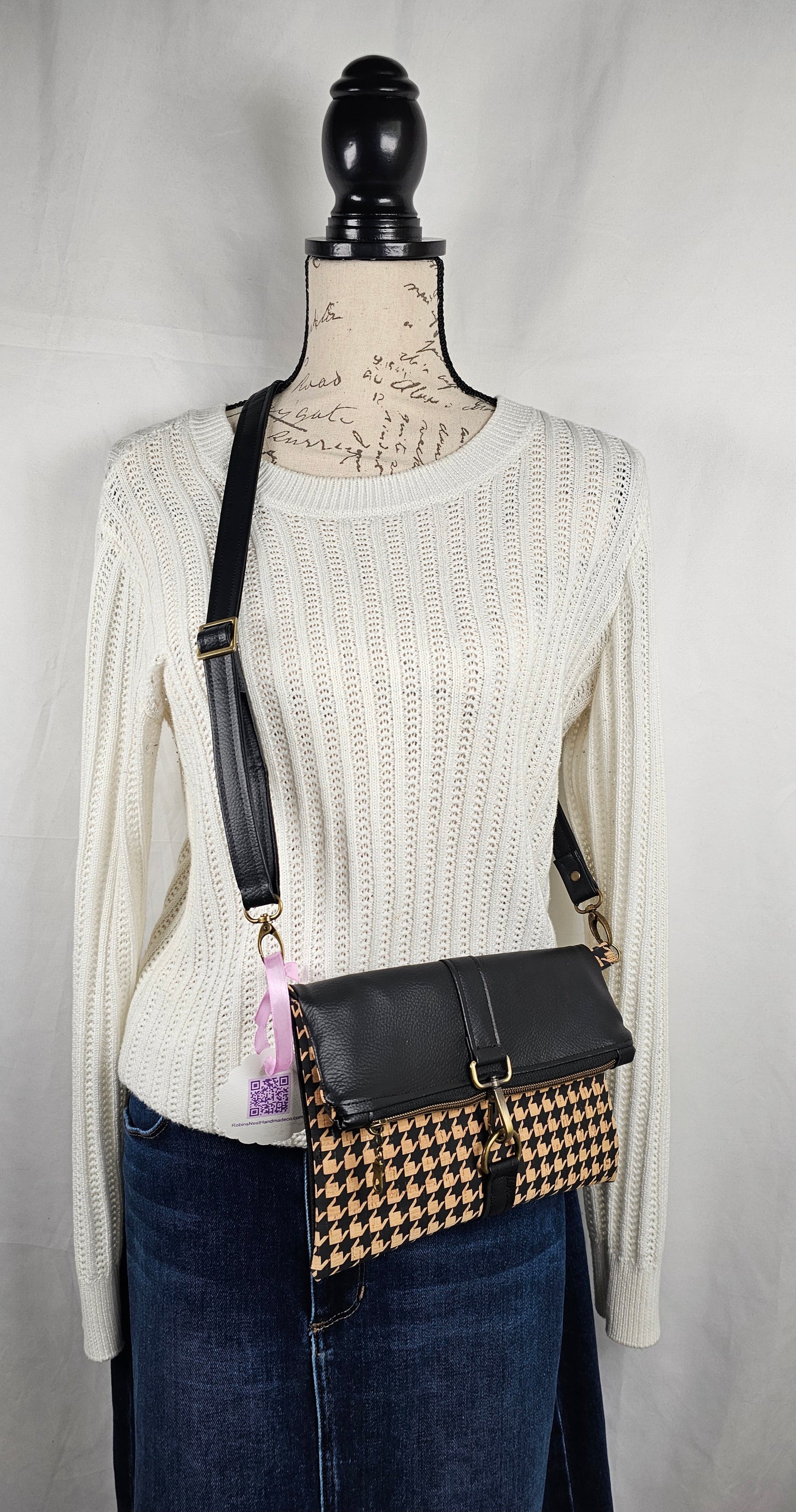 Black Faux Leather & Houndstooth Cork Fold-Over Crossbody Bag with Antique Brass Hardware