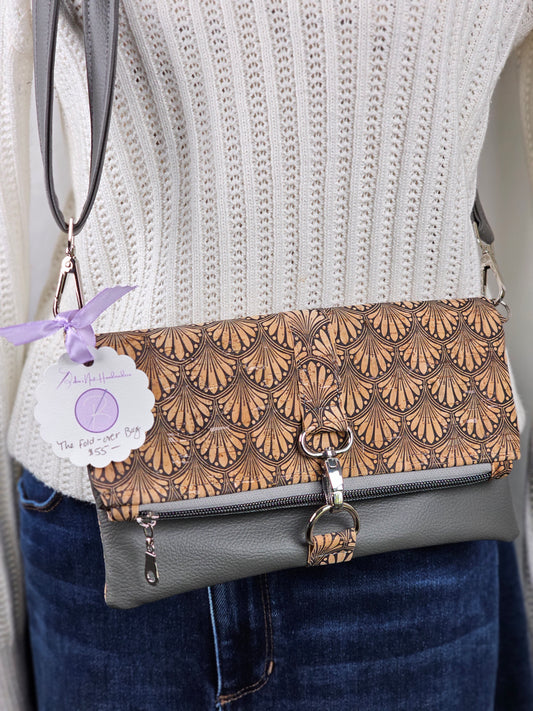 Gray Faux Leather & Art Deco Cork Fold-Over Bag – Stylish Day-to-Night Crossbody for Women on the Go