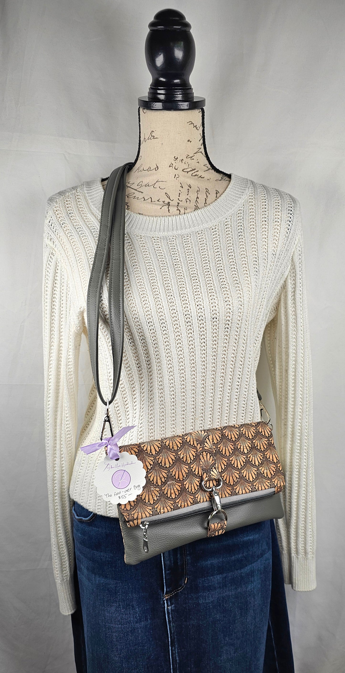 Gray Faux Leather & Art Deco Cork Fold-Over Bag – Stylish Day-to-Night Crossbody for Women on the Go