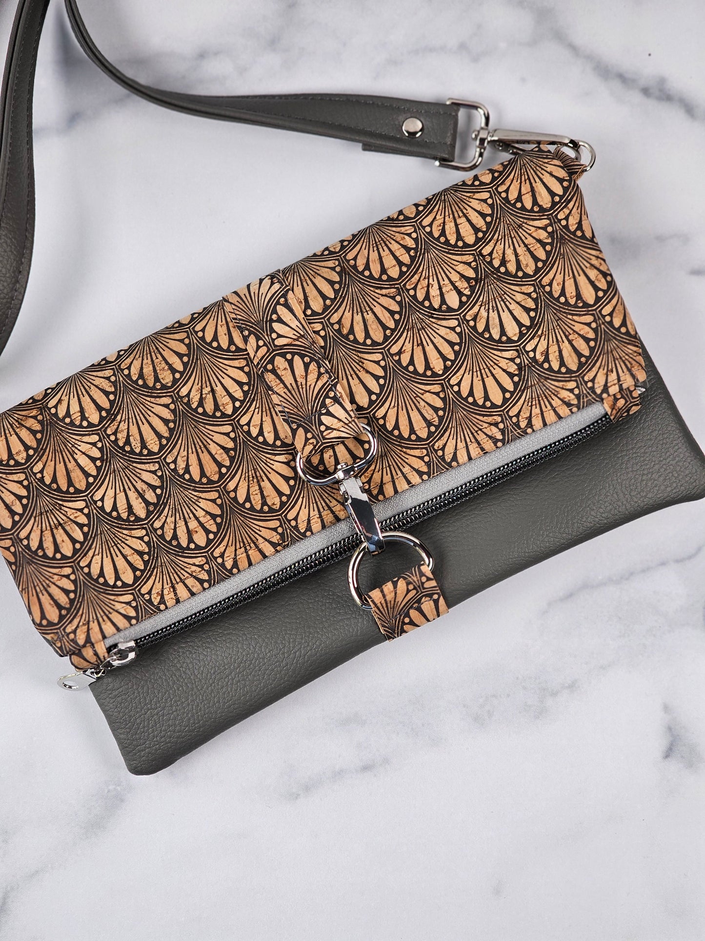 Gray Faux Leather & Art Deco Cork Fold-Over Bag – Stylish Day-to-Night Crossbody for Women on the Go