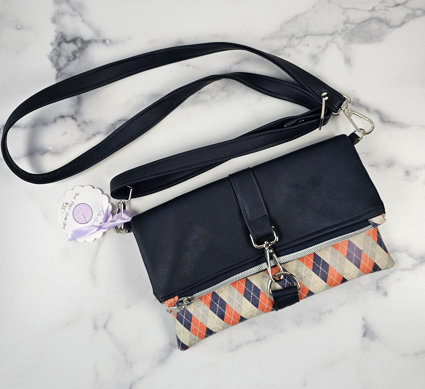 Coral & Navy Argyle Cork Fold-Over Bag with Navy Faux Leather & Silver Hardware