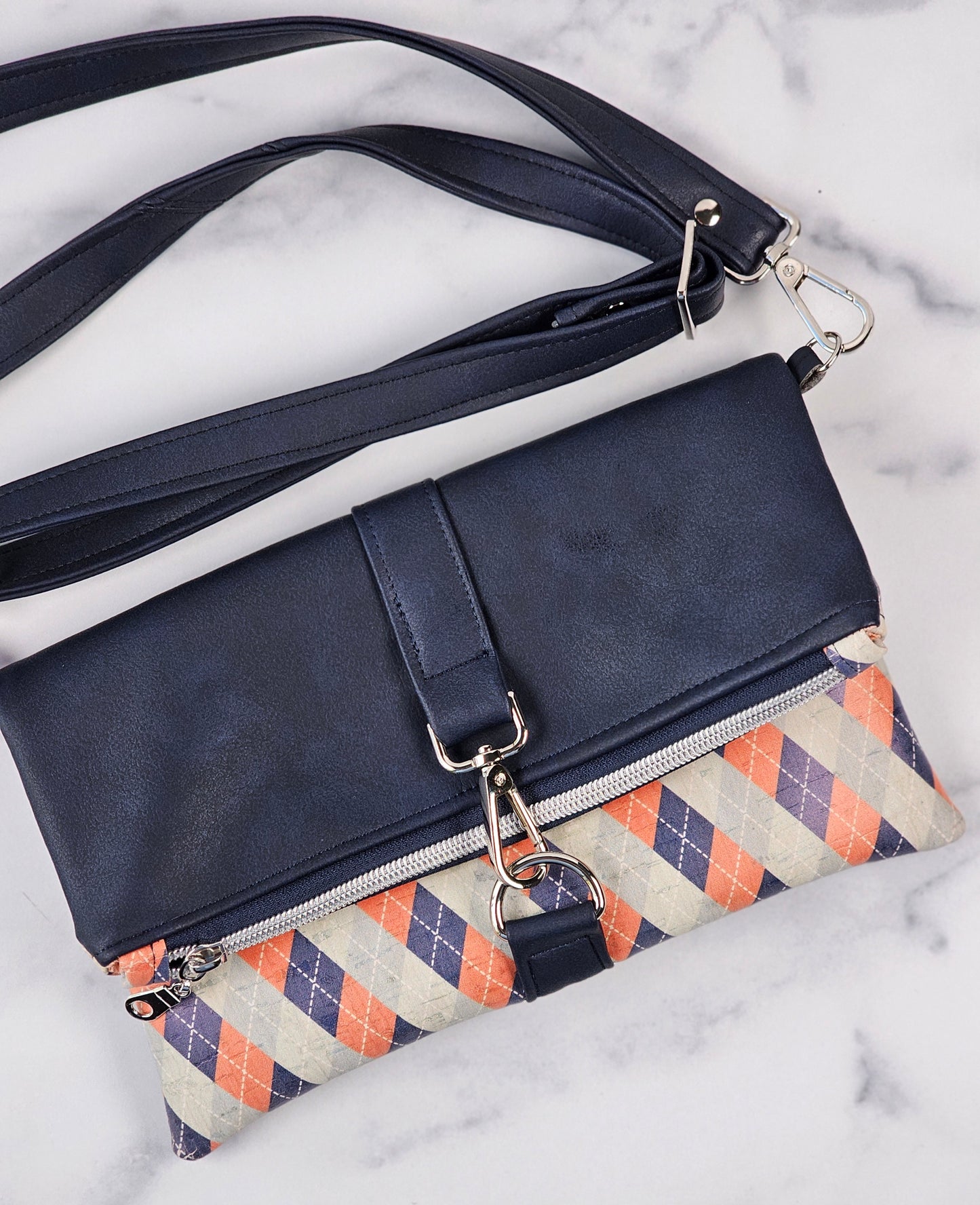 Coral & Navy Argyle Cork Fold-Over Bag with Navy Faux Leather & Silver Hardware