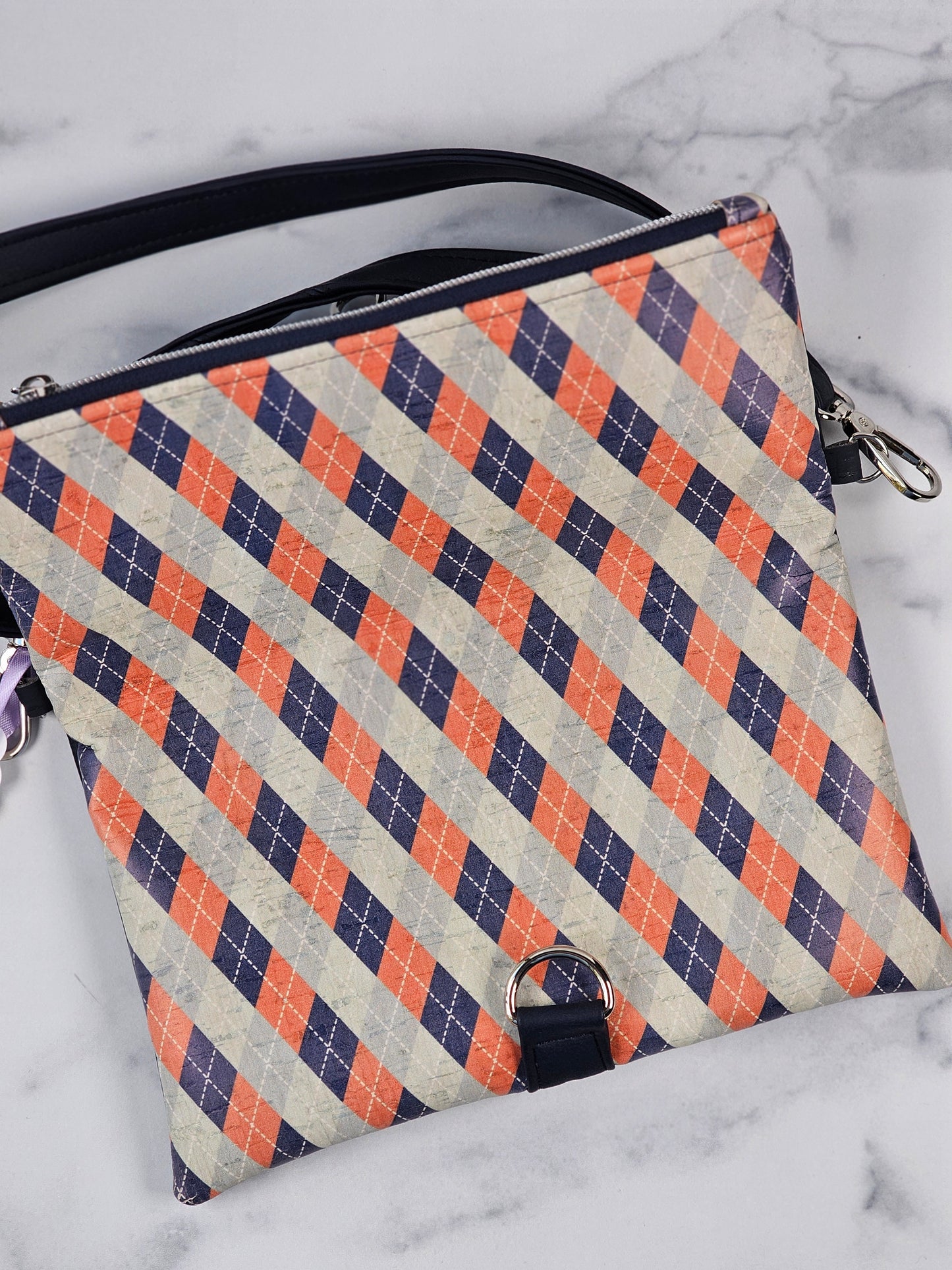 Coral & Navy Argyle Cork Fold-Over Bag with Navy Faux Leather & Silver Hardware