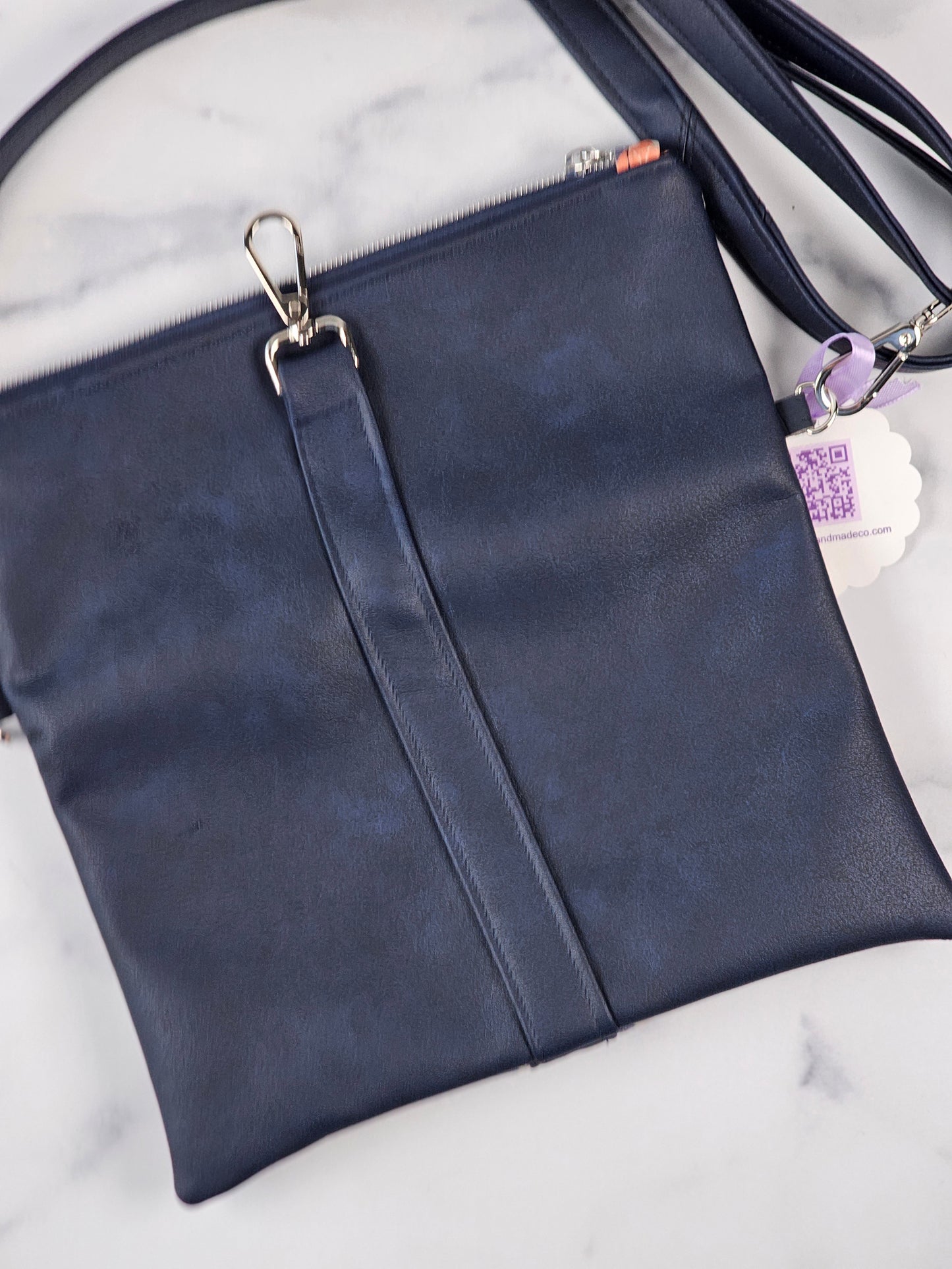 Coral & Navy Argyle Cork Fold-Over Bag with Navy Faux Leather & Silver Hardware