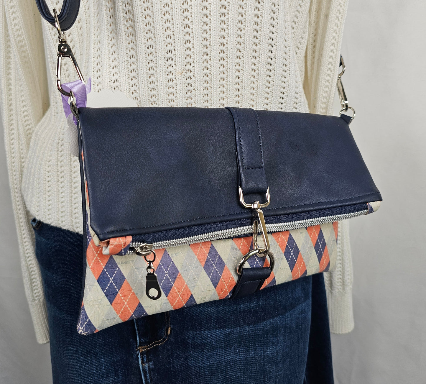 Coral & Navy Argyle Cork Fold-Over Bag with Navy Faux Leather & Silver Hardware