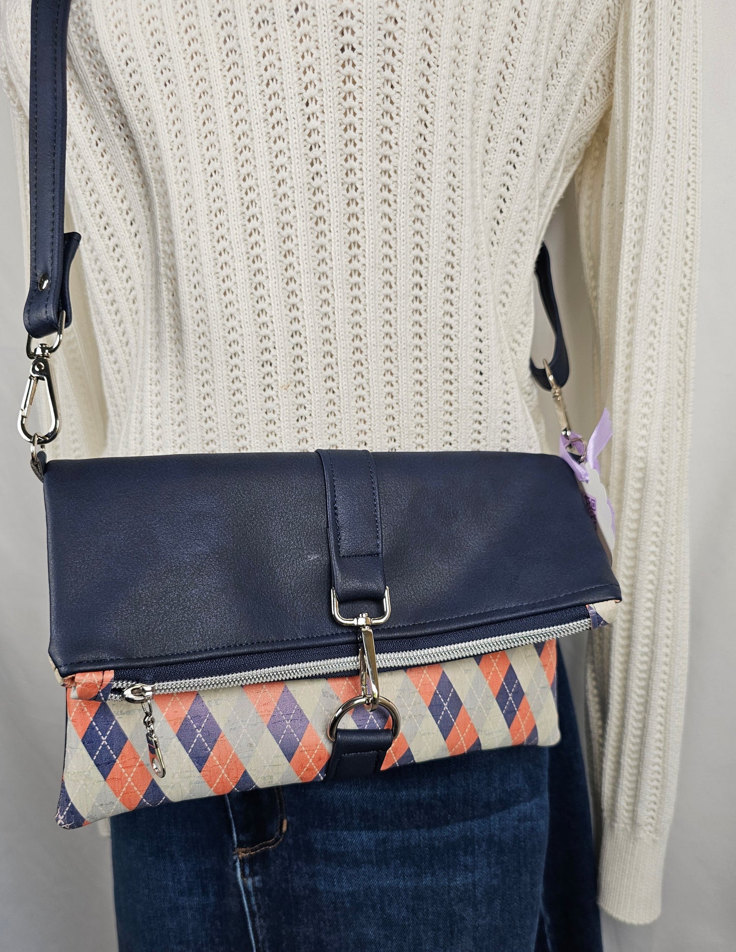Coral & Navy Argyle Cork Fold-Over Bag with Navy Faux Leather & Silver Hardware