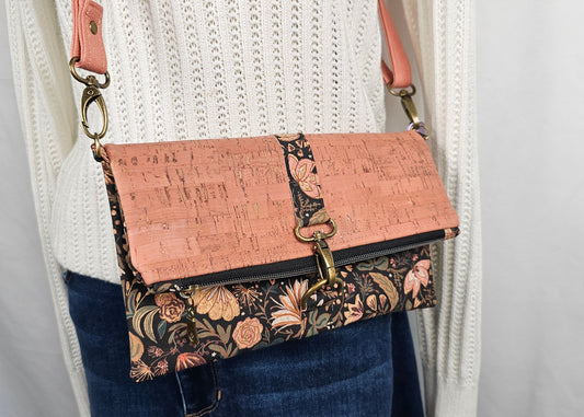 Pink and Black Cork Fold-Over Bag with Adjustable Cork Strap