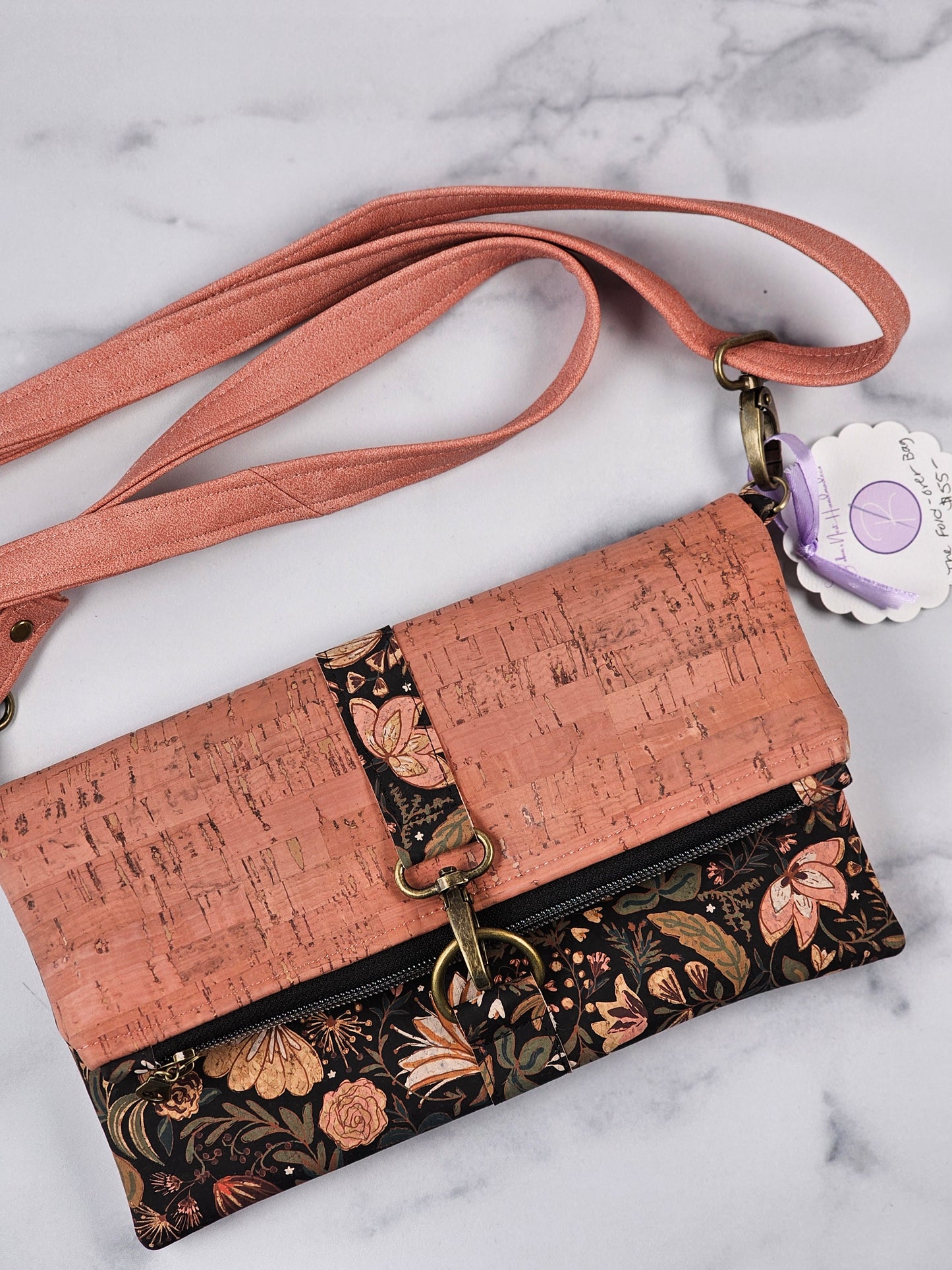 Pink and Black Cork Fold-Over Bag with Adjustable Cork Strap