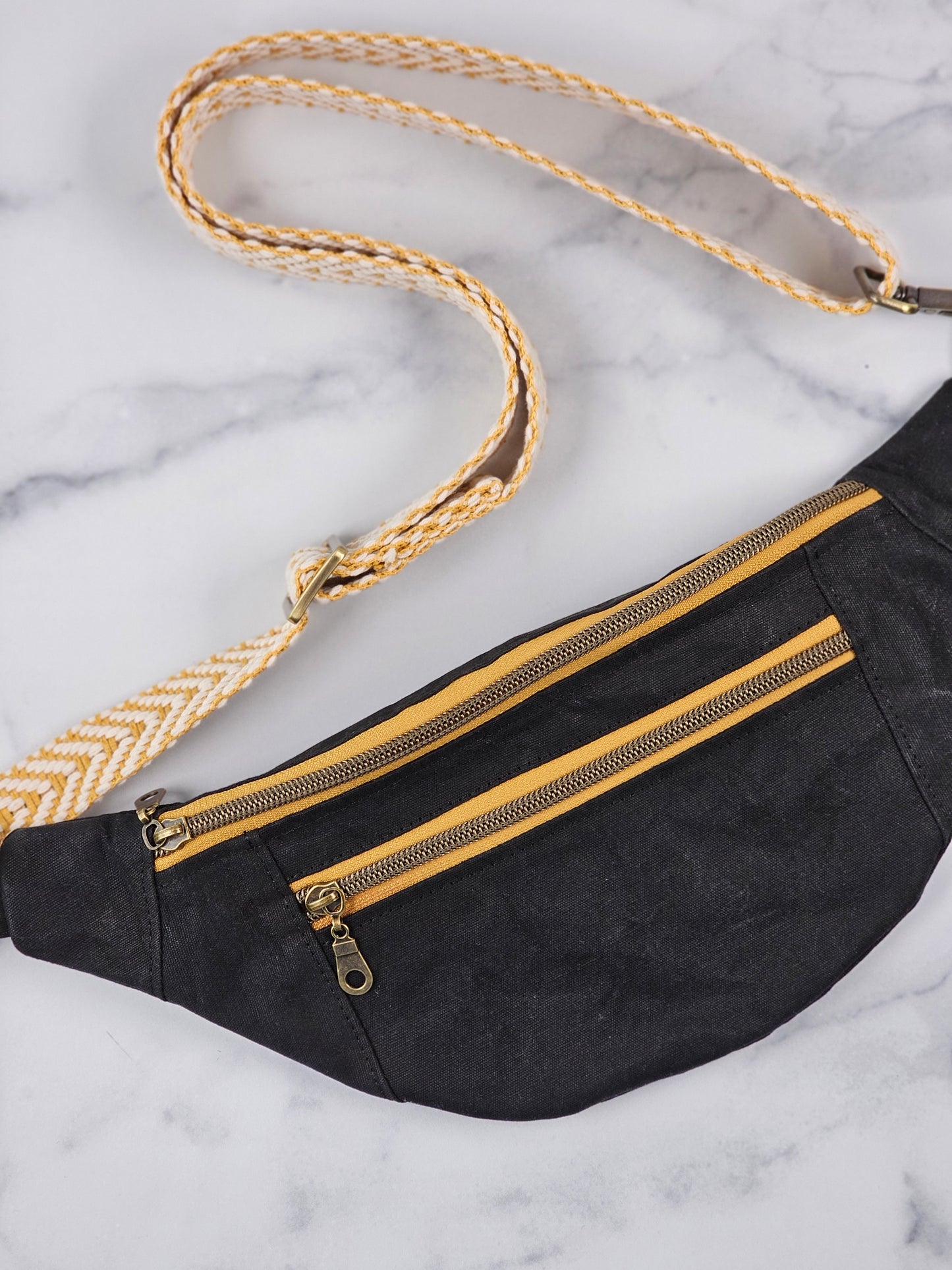 Black Waxed Canvas Bum Bag with Gold Zippers