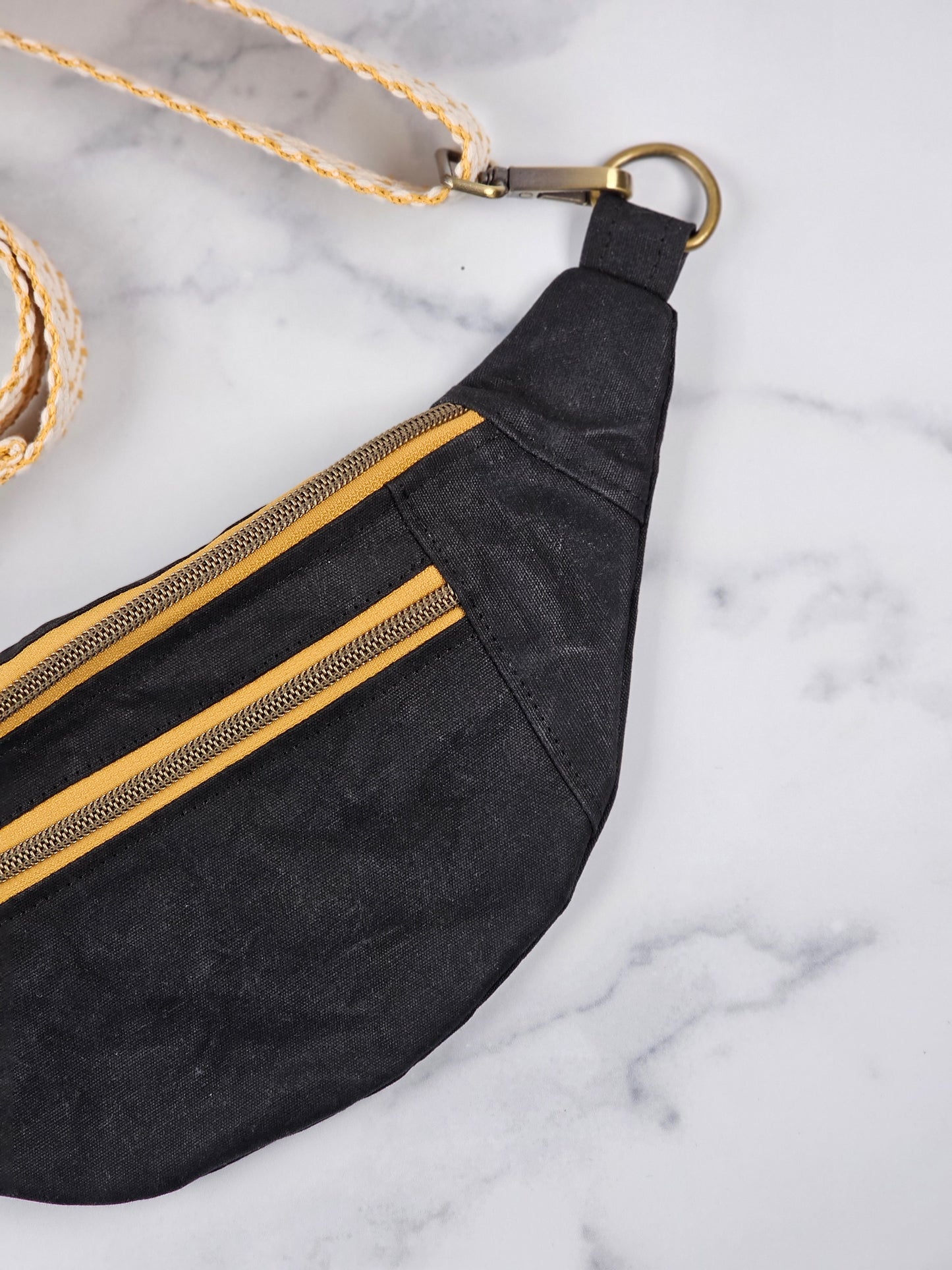 Black Waxed Canvas Bum Bag with Gold Zippers