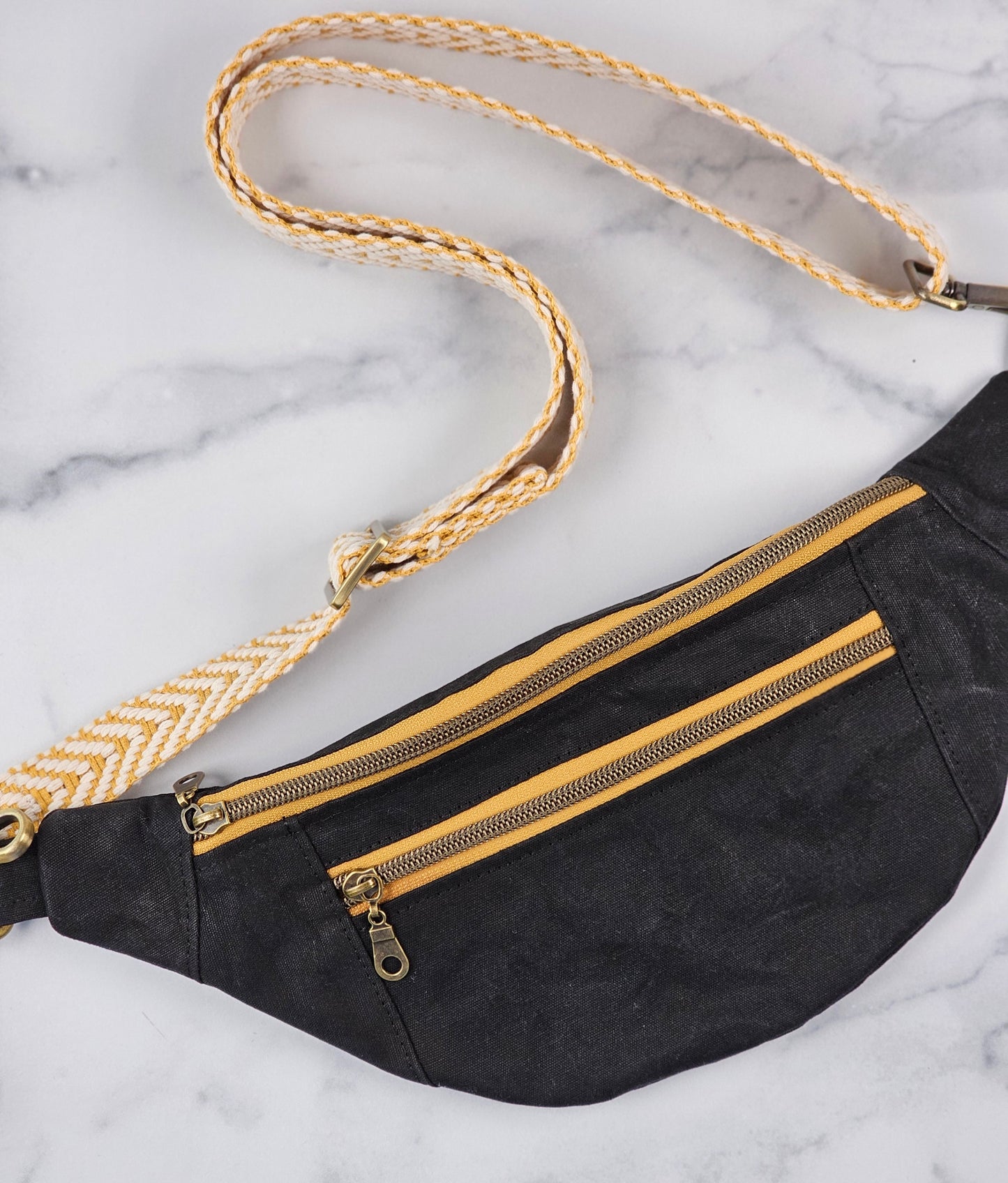 Black Waxed Canvas Bum Bag with Gold Zippers