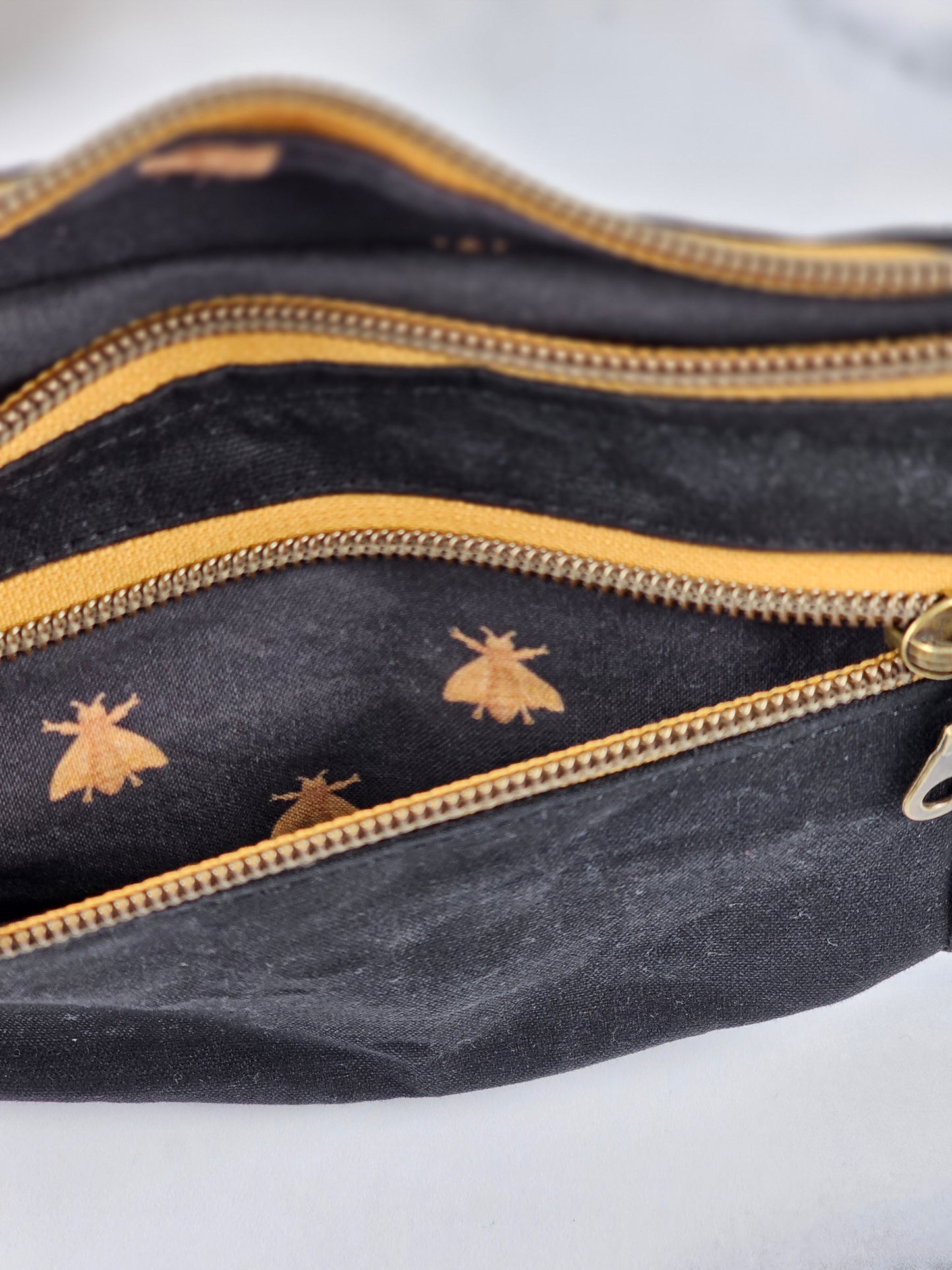 Black Waxed Canvas Bum Bag with Gold Zippers