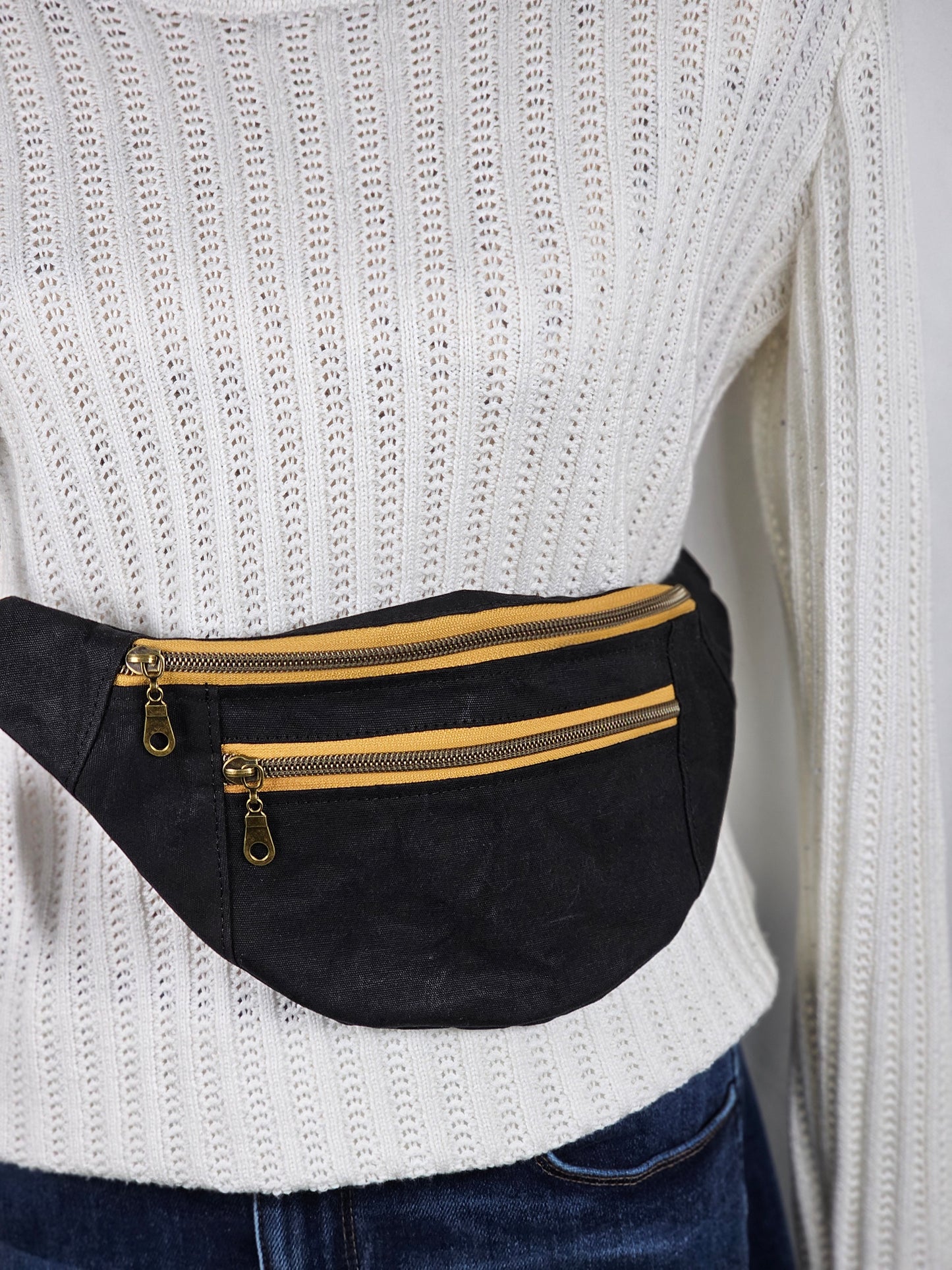 Black Waxed Canvas Bum Bag with Gold Zippers
