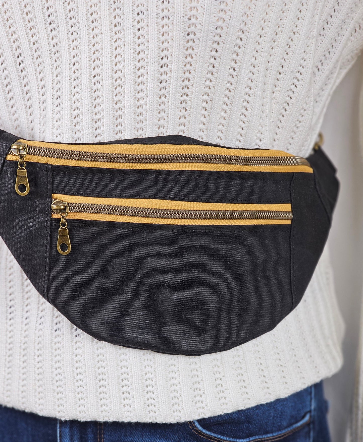Black Waxed Canvas Bum Bag with Gold Zippers