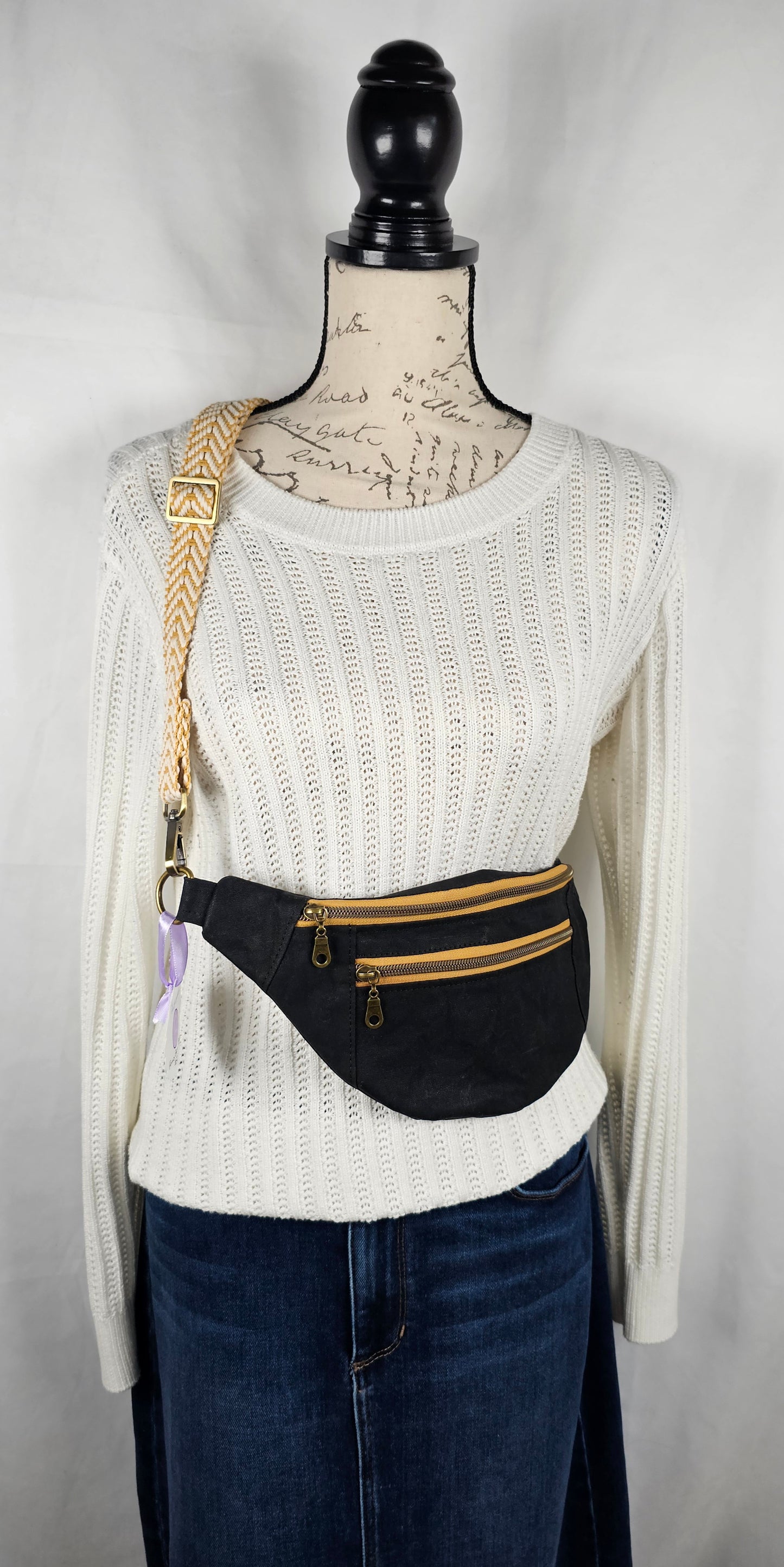 Black Waxed Canvas Bum Bag with Gold Zippers