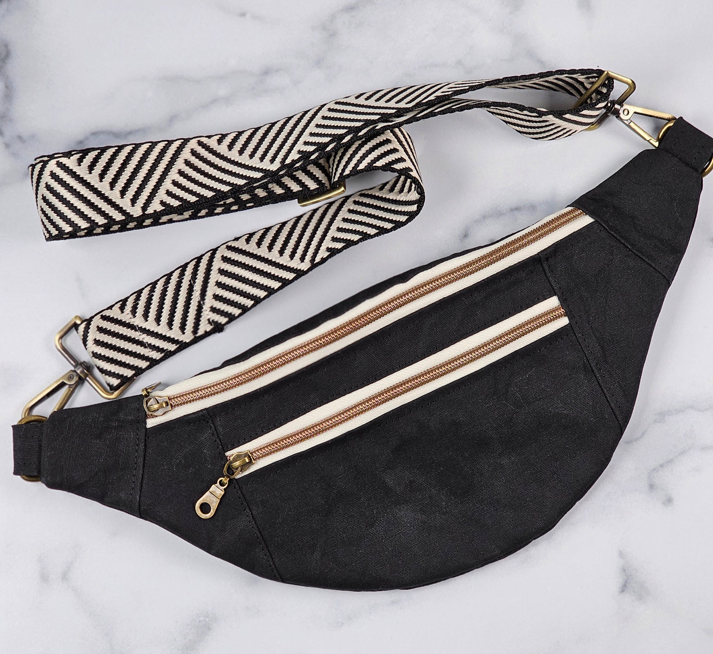 Black Waxed Canvas Bum Bag with Chevron Strap; Handmade Crossbody Fanny Pack