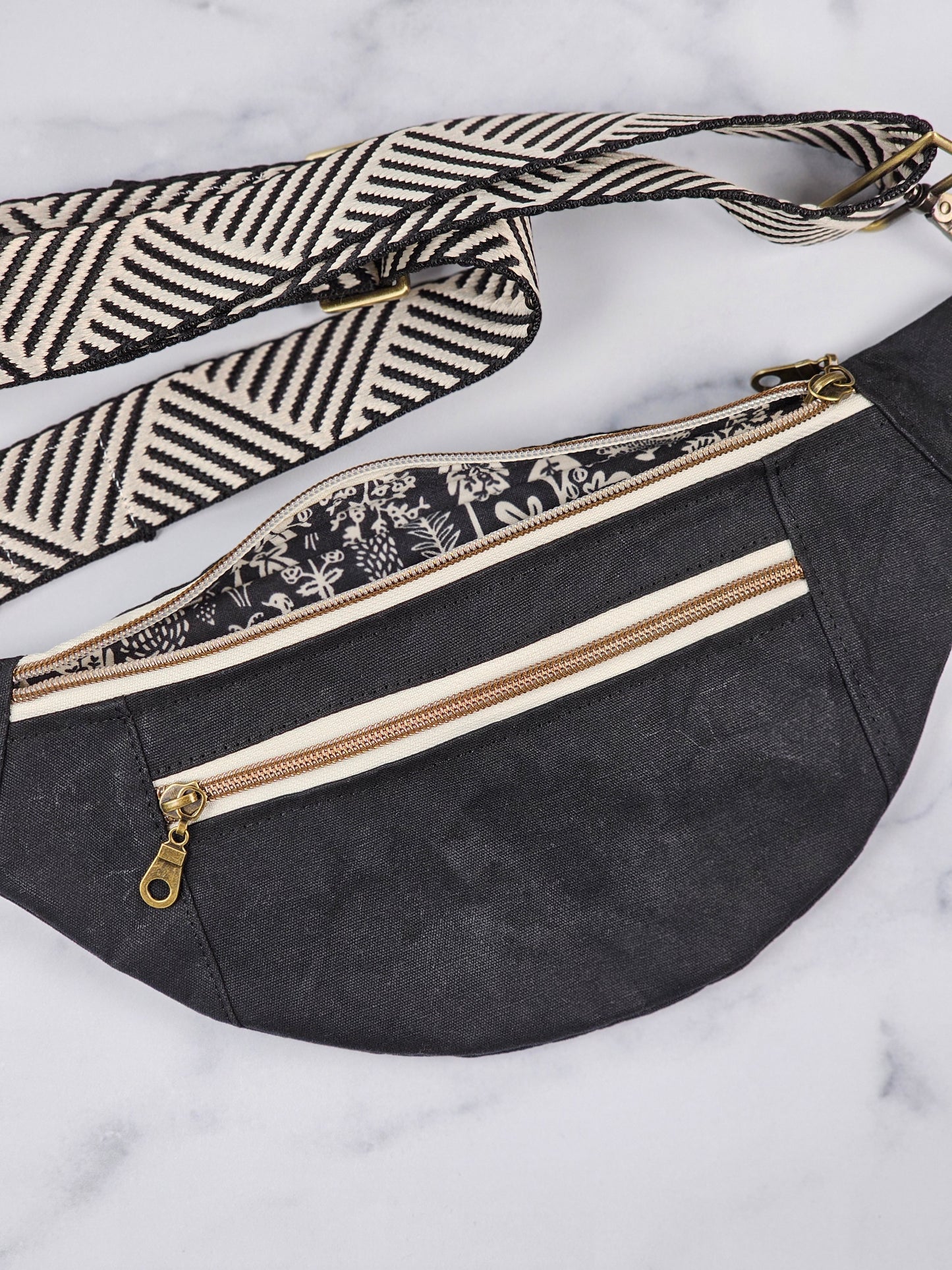 Black Waxed Canvas Bum Bag with Chevron Strap; Handmade Crossbody Fanny Pack