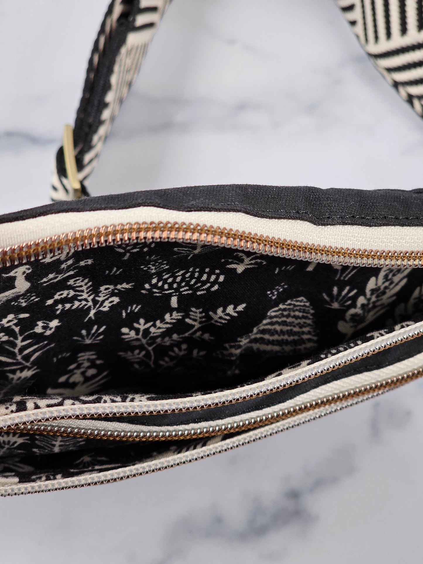 Black Waxed Canvas Bum Bag with Chevron Strap; Handmade Crossbody Fanny Pack