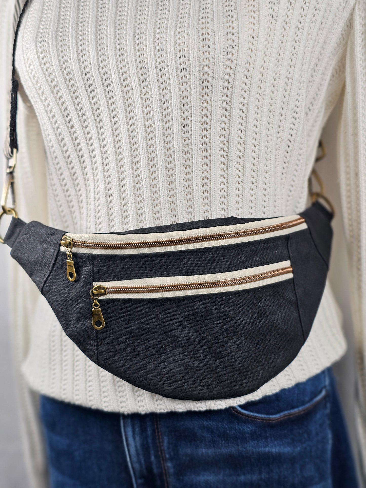 Black Waxed Canvas Bum Bag with Chevron Strap; Handmade Crossbody Fanny Pack
