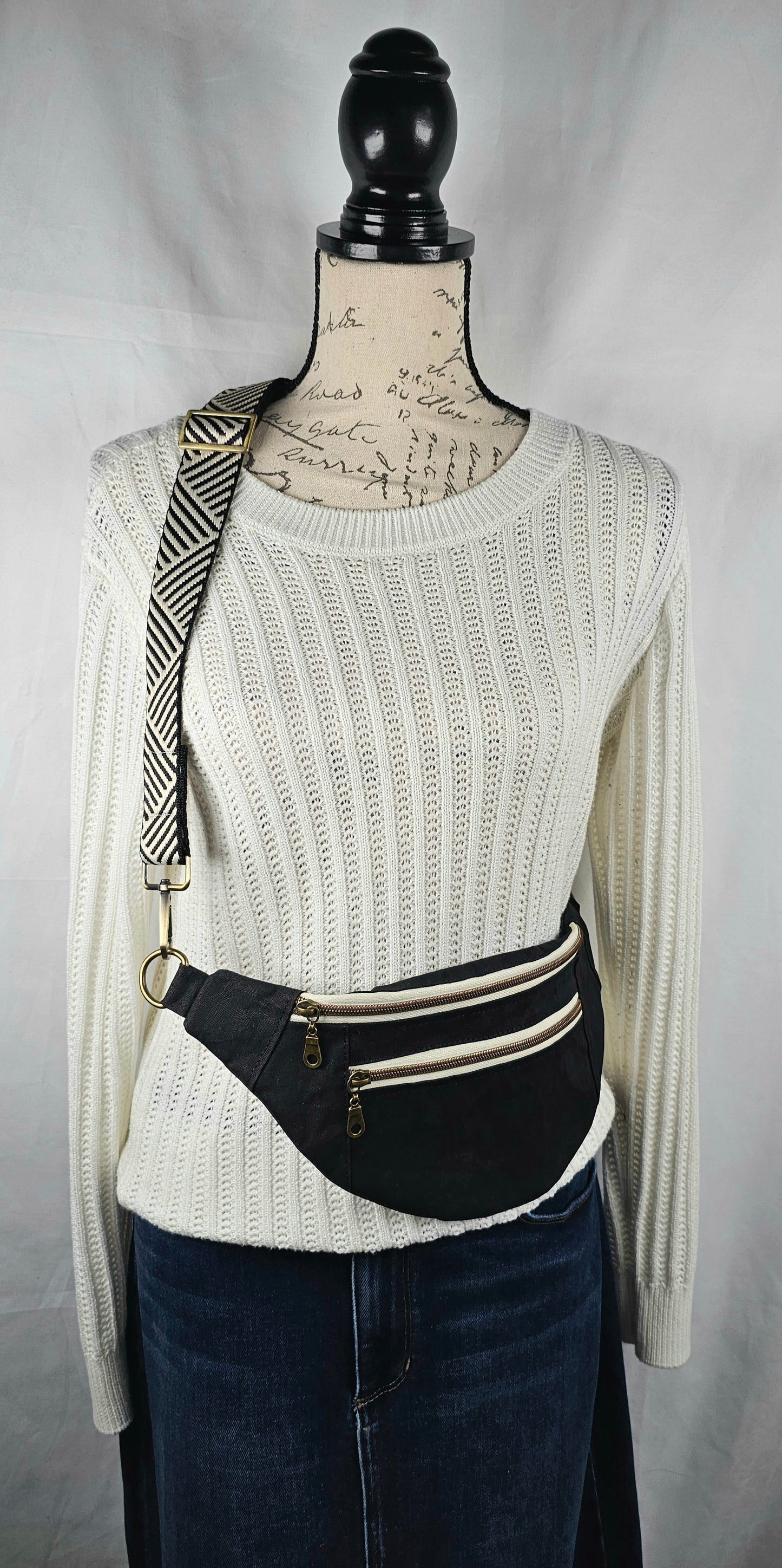 Black Waxed Canvas Bum Bag with Chevron Strap; Handmade Crossbody Fanny Pack