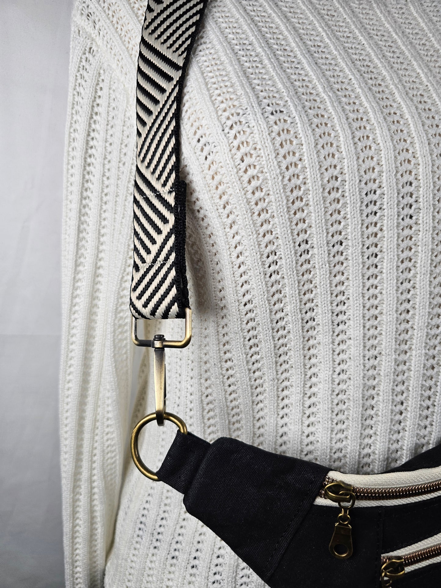 Black Waxed Canvas Bum Bag with Chevron Strap; Handmade Crossbody Fanny Pack