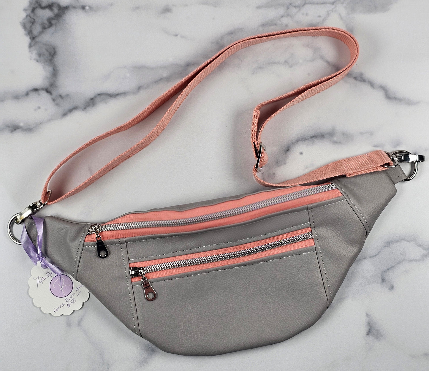 Gray Faux Leather Ferris Bum Bag with Coral Strap and Floral Lining