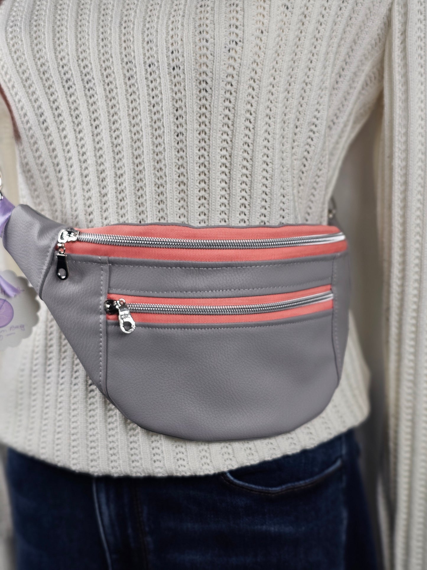 Gray Faux Leather Ferris Bum Bag with Coral Strap and Floral Lining