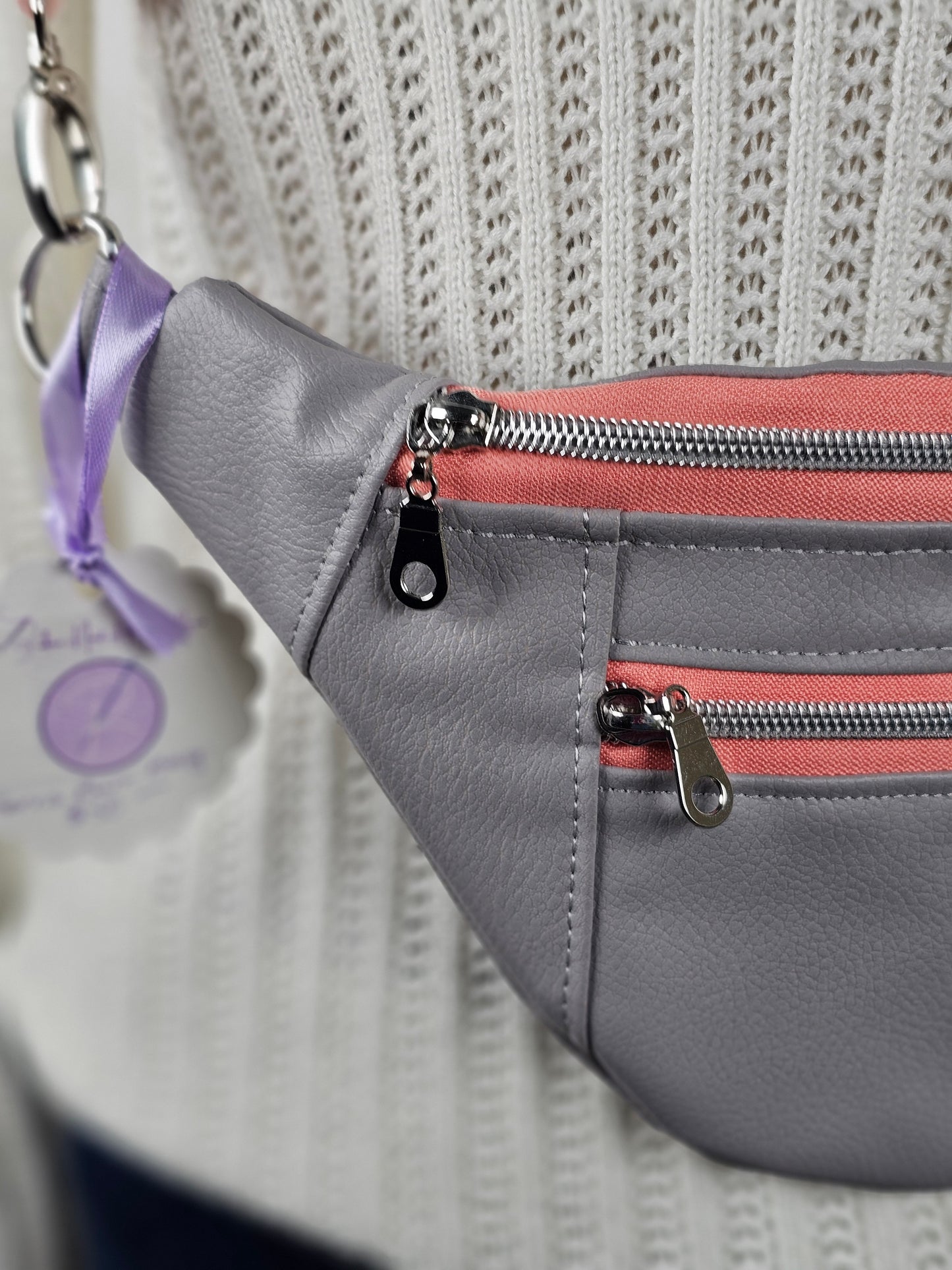 Gray Faux Leather Ferris Bum Bag with Coral Strap and Floral Lining