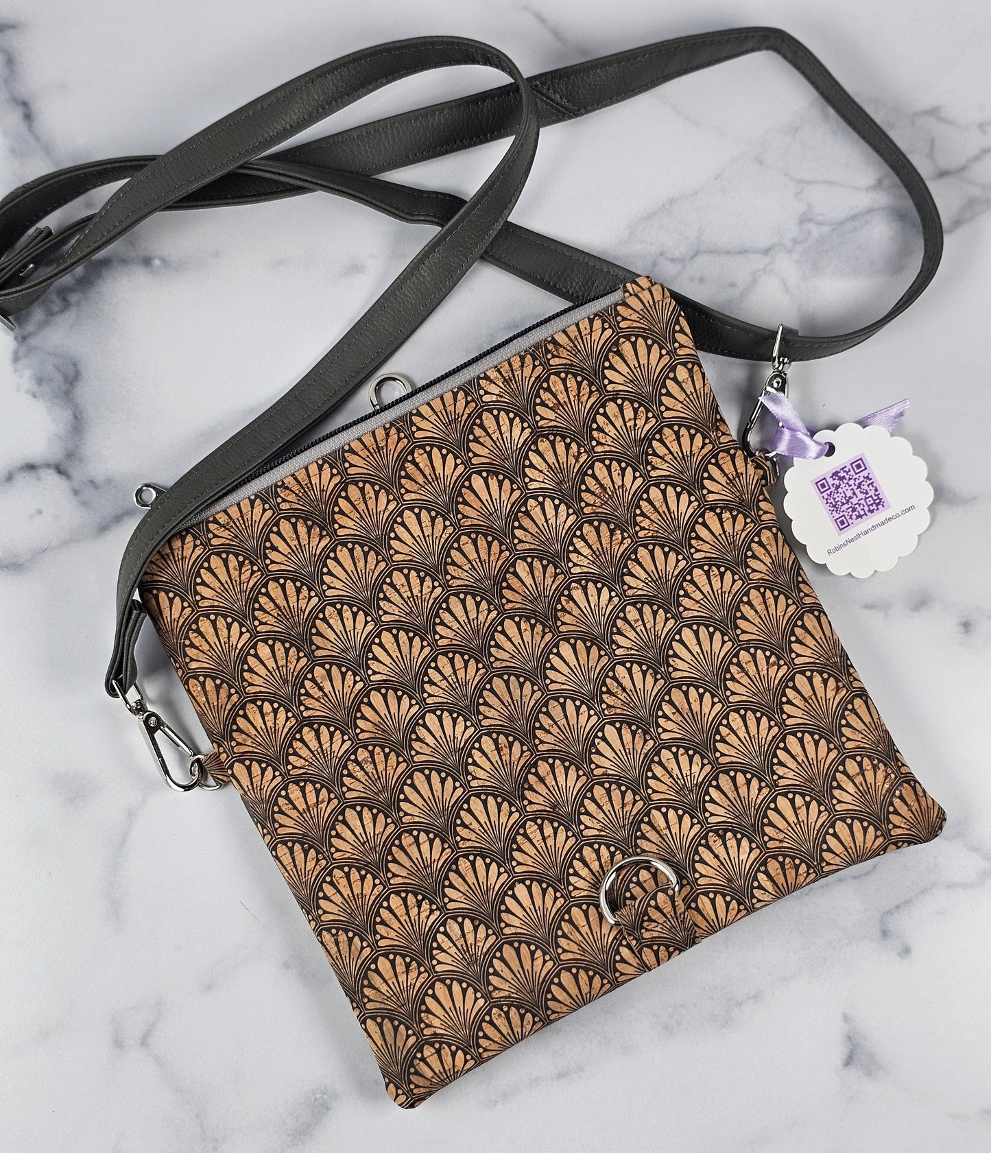 Art Deco Cork Fold-Over Crossbody Handbag with Faux Leather Accents & Adjustable Strap