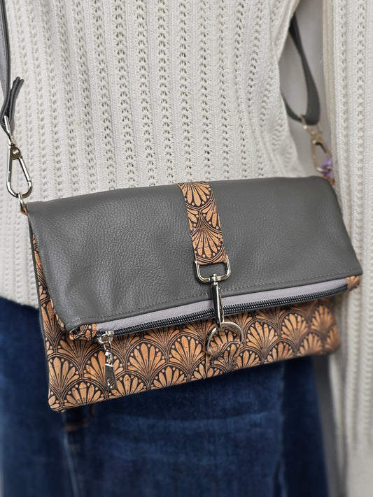 Art Deco Cork Fold-Over Crossbody Handbag with Faux Leather Accents & Adjustable Strap