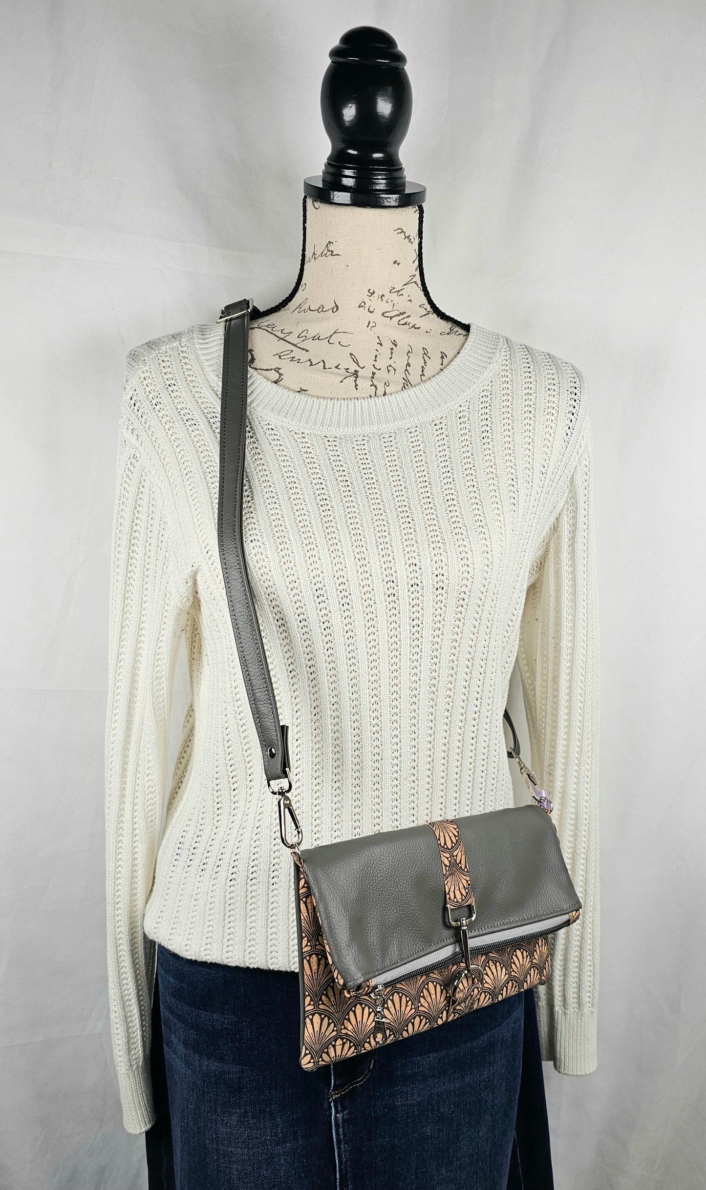 Art Deco Cork Fold-Over Crossbody Handbag with Faux Leather Accents & Adjustable Strap